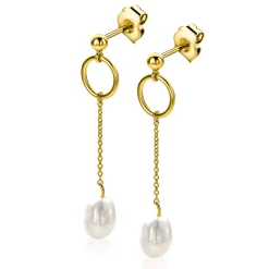 37mm ZINZI gold plated zilveren oorstekers met open rondje en kettinkje met bungelend witte zoetwaterparel in organische vorm ZIO2615