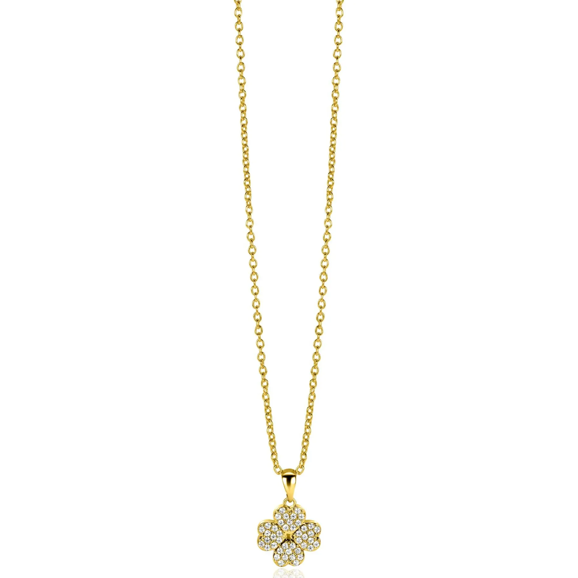 16mm ZINZI gold plated zilveren klaver vier hanger bezet met witte zirconia's ZIH2618 (zonder collier)