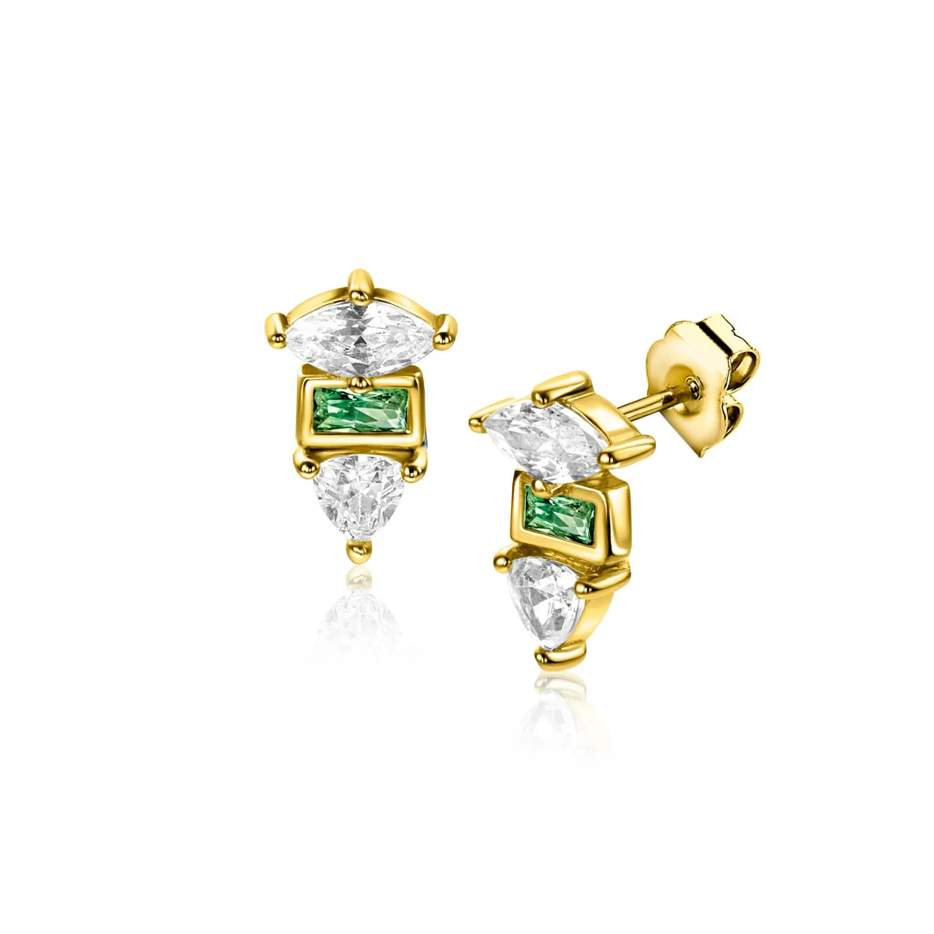 9,5mm ZINZI gold plated zilveren oorstekers met drie verschillende vormen van zettingen, bezet met groene en witte kleurstenen ZIO2630G
