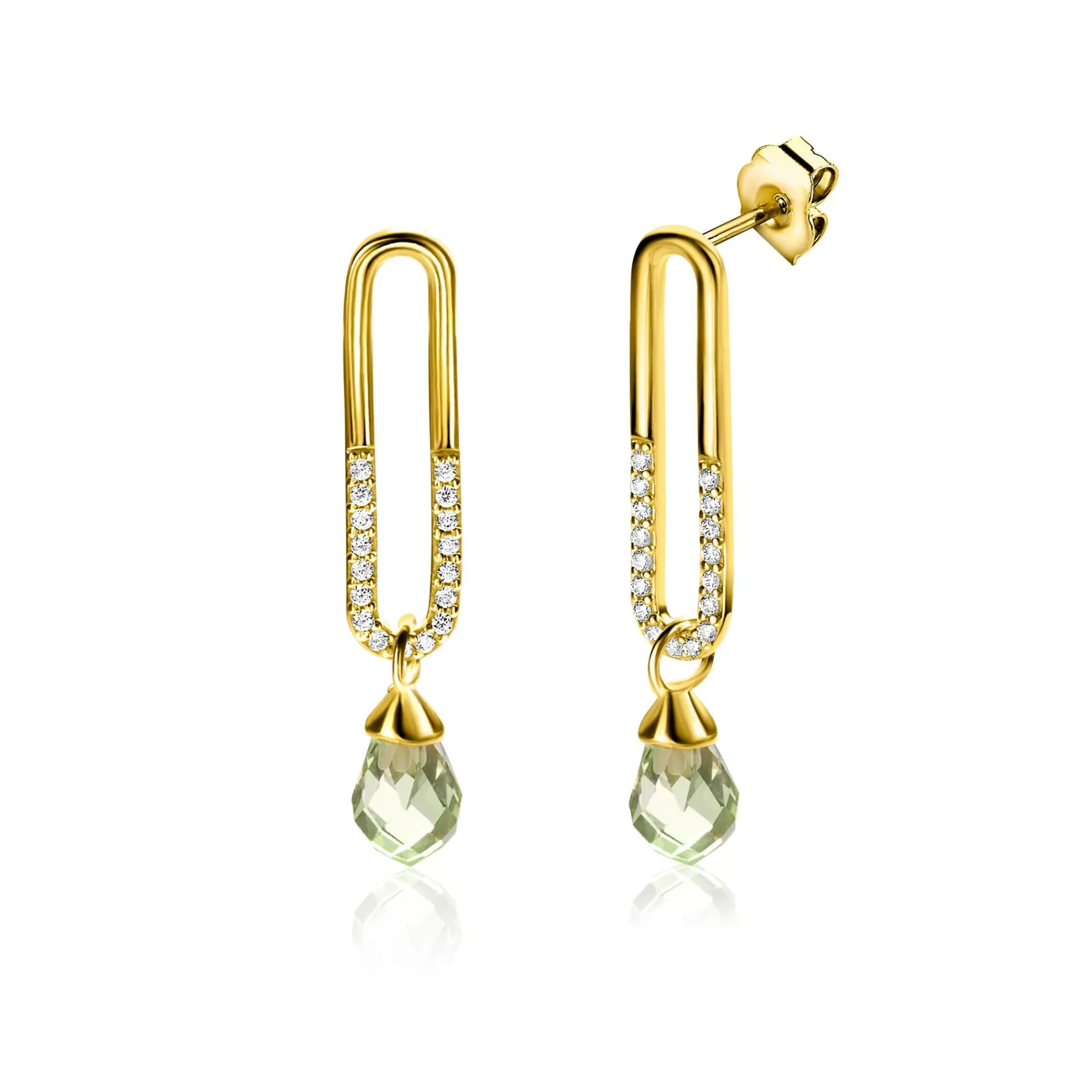 30mm ZINZI gold plated zilveren oorstekers met trendy open ovale vorm en peervormige hanger groen peridot ZIO2430