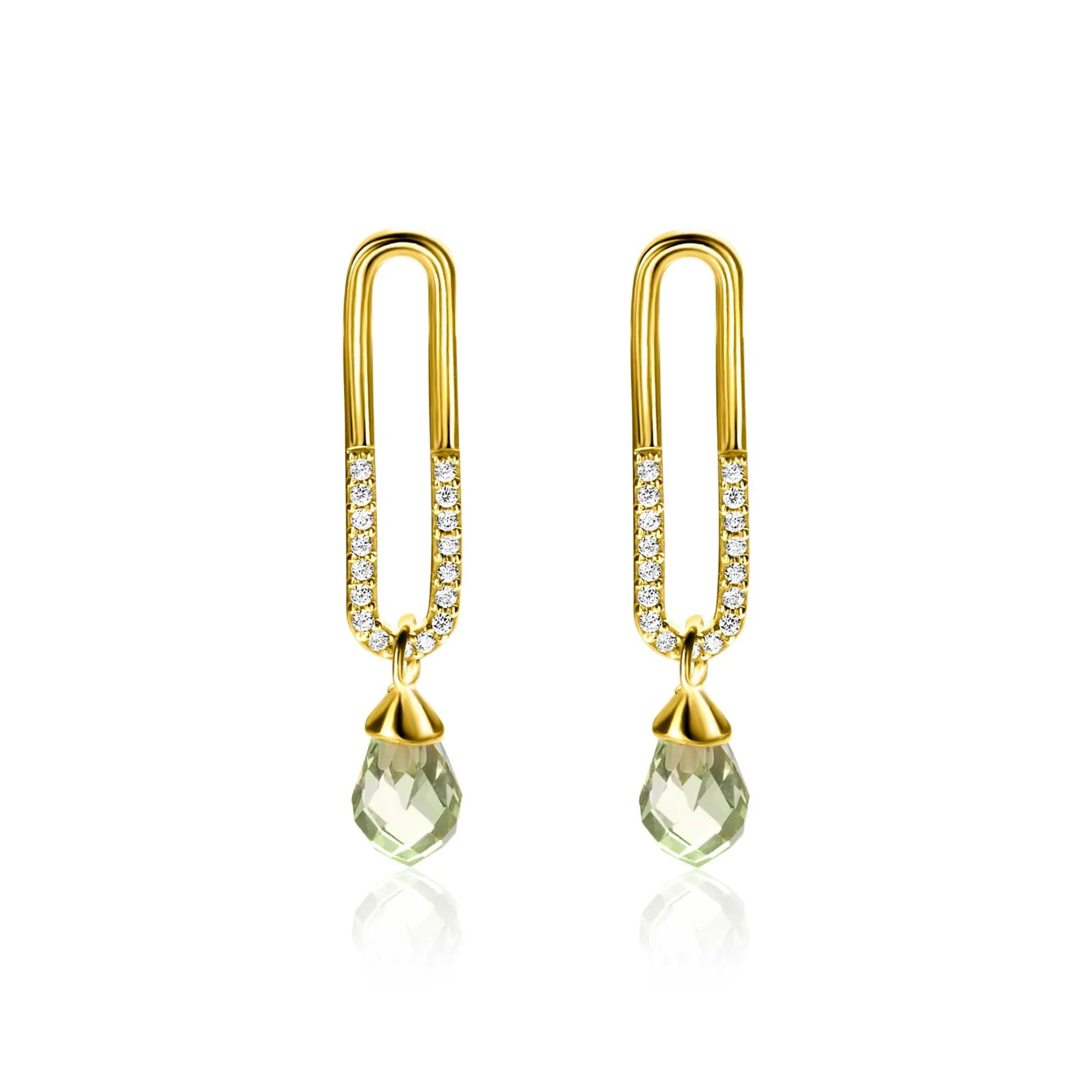 30mm ZINZI gold plated zilveren oorstekers met trendy open ovale vorm en peervormige hanger groen peridot ZIO2430