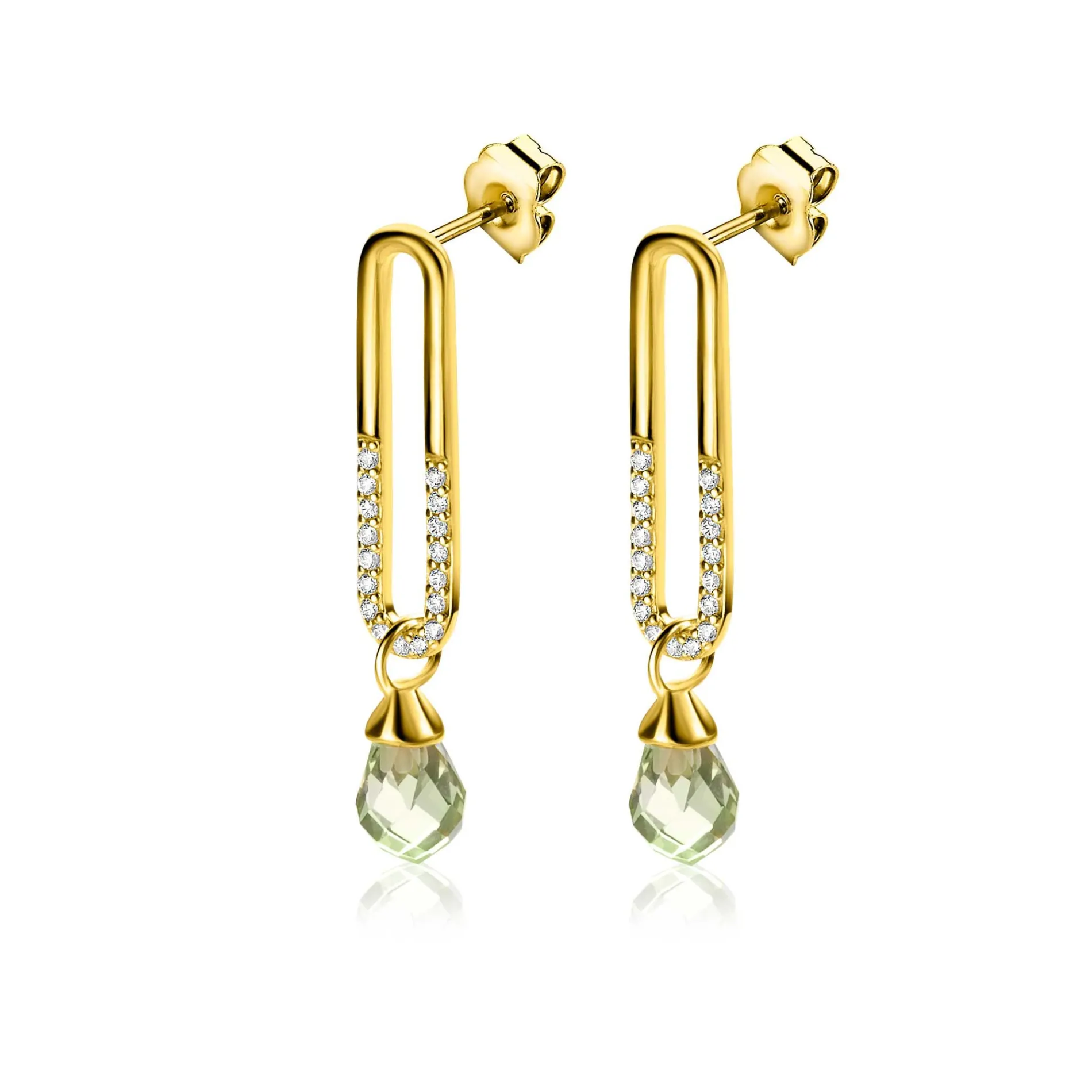 30mm ZINZI gold plated zilveren oorstekers met trendy open ovale vorm en peervormige hanger groen peridot ZIO2430