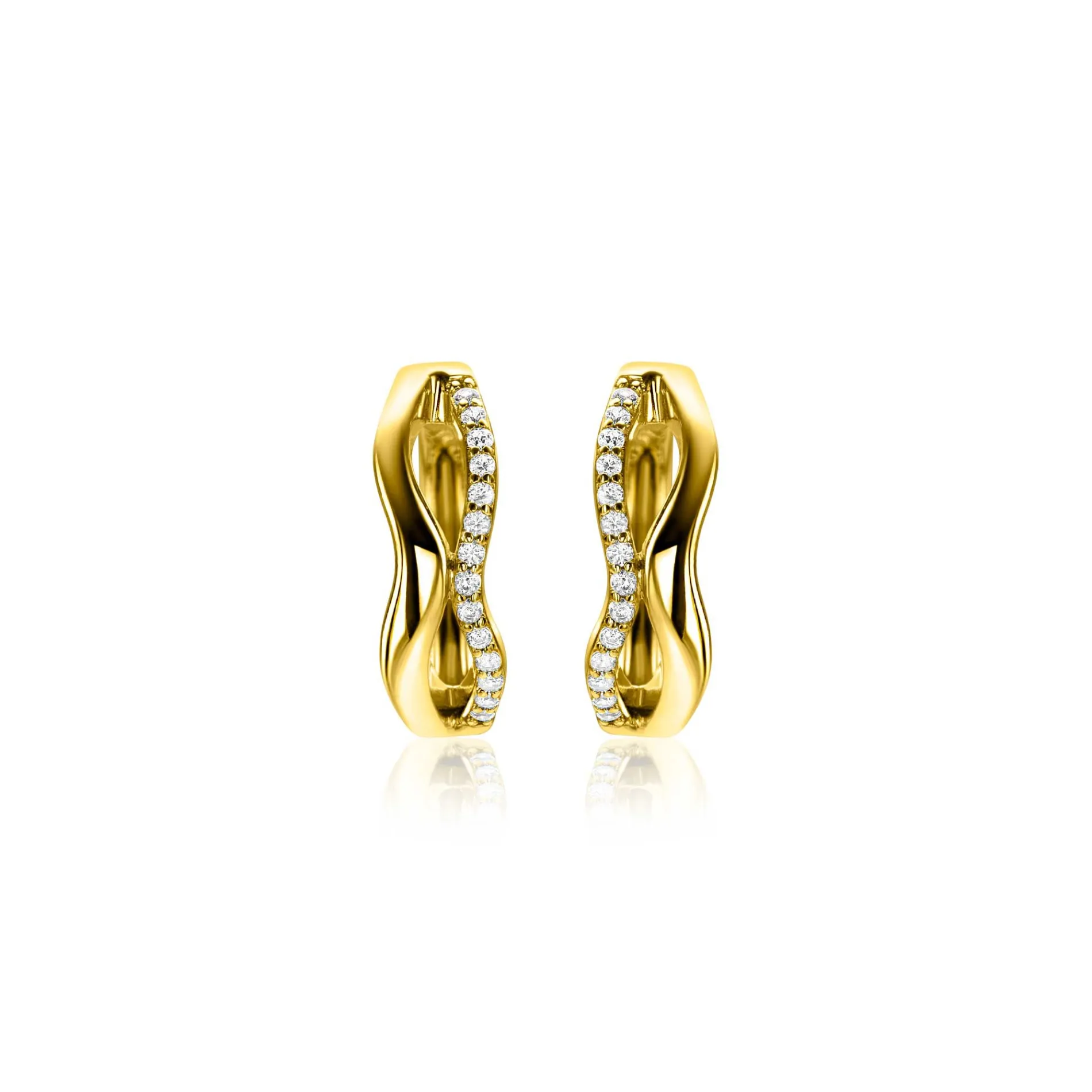 15mm ZINZI gold plated zilveren oorringen organisch gevormd met twee golvende banen, waarvan één bezet met witte zirconia's, met luxe klapsluiting ZIO2629Y