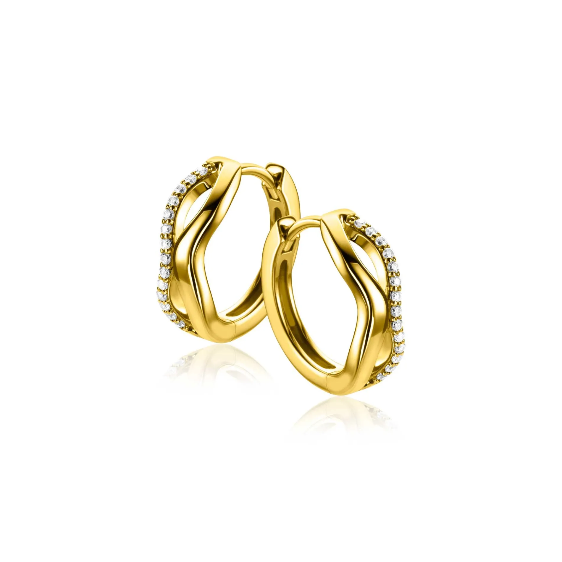 15mm ZINZI gold plated zilveren oorringen organisch gevormd met twee golvende banen, waarvan één bezet met witte zirconia's, met luxe klapsluiting ZIO2629Y