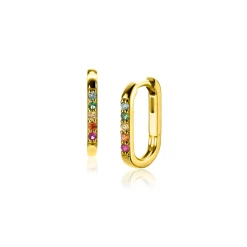 14mm ZINZI gold plated zilveren luxe oorringen in ovale vorm bezet met regenboog kleurstenen ZIO2598
