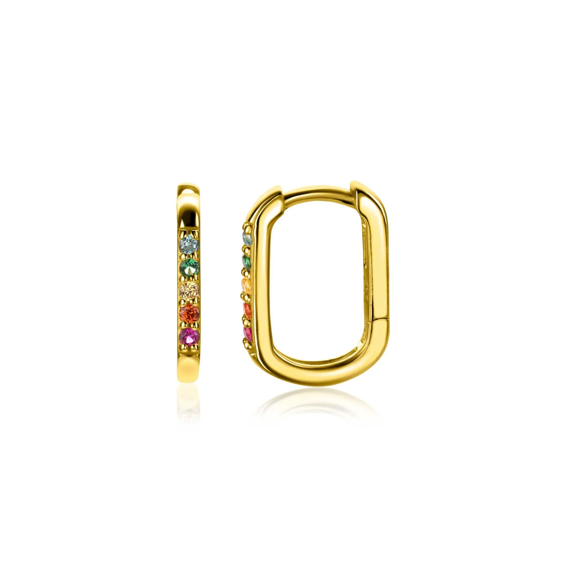 14mm ZINZI gold plated zilveren luxe oorringen in ovale vorm bezet met regenboog kleurstenen ZIO2598