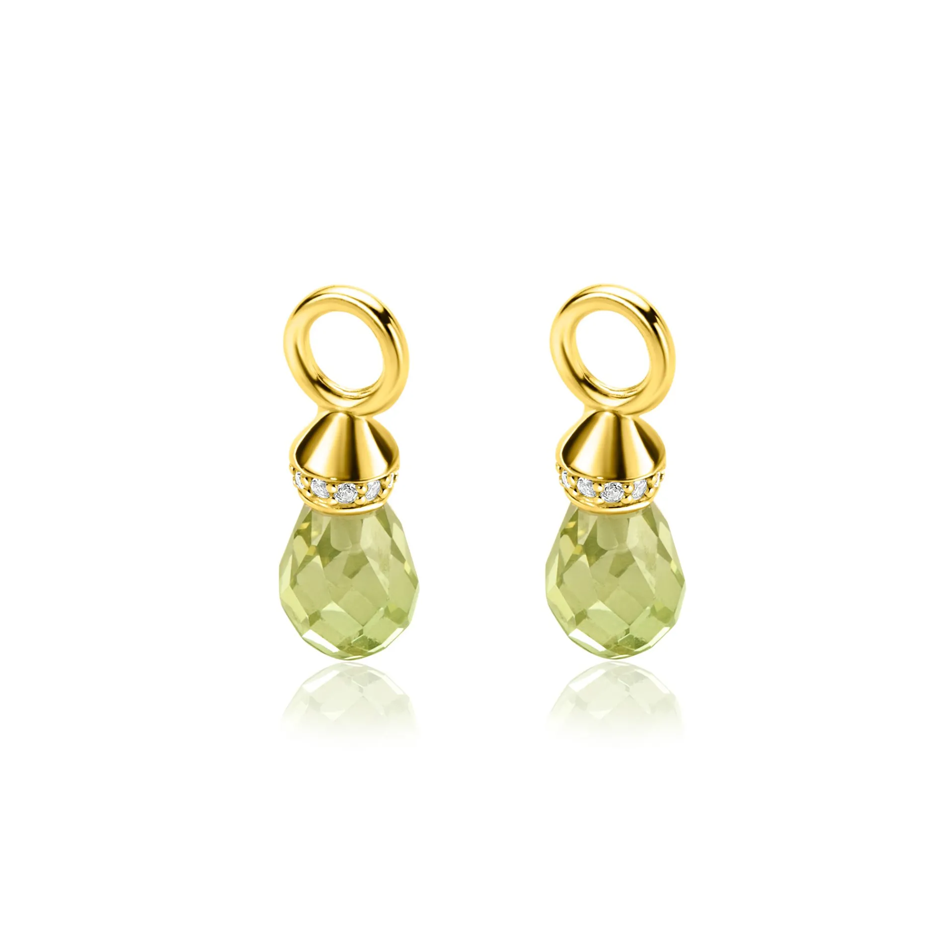 17mm ZINZI gold plated zilveren oorbedels in peervorm groen peridot en witte zirconia's ZICH2429 (zonder oorringen)