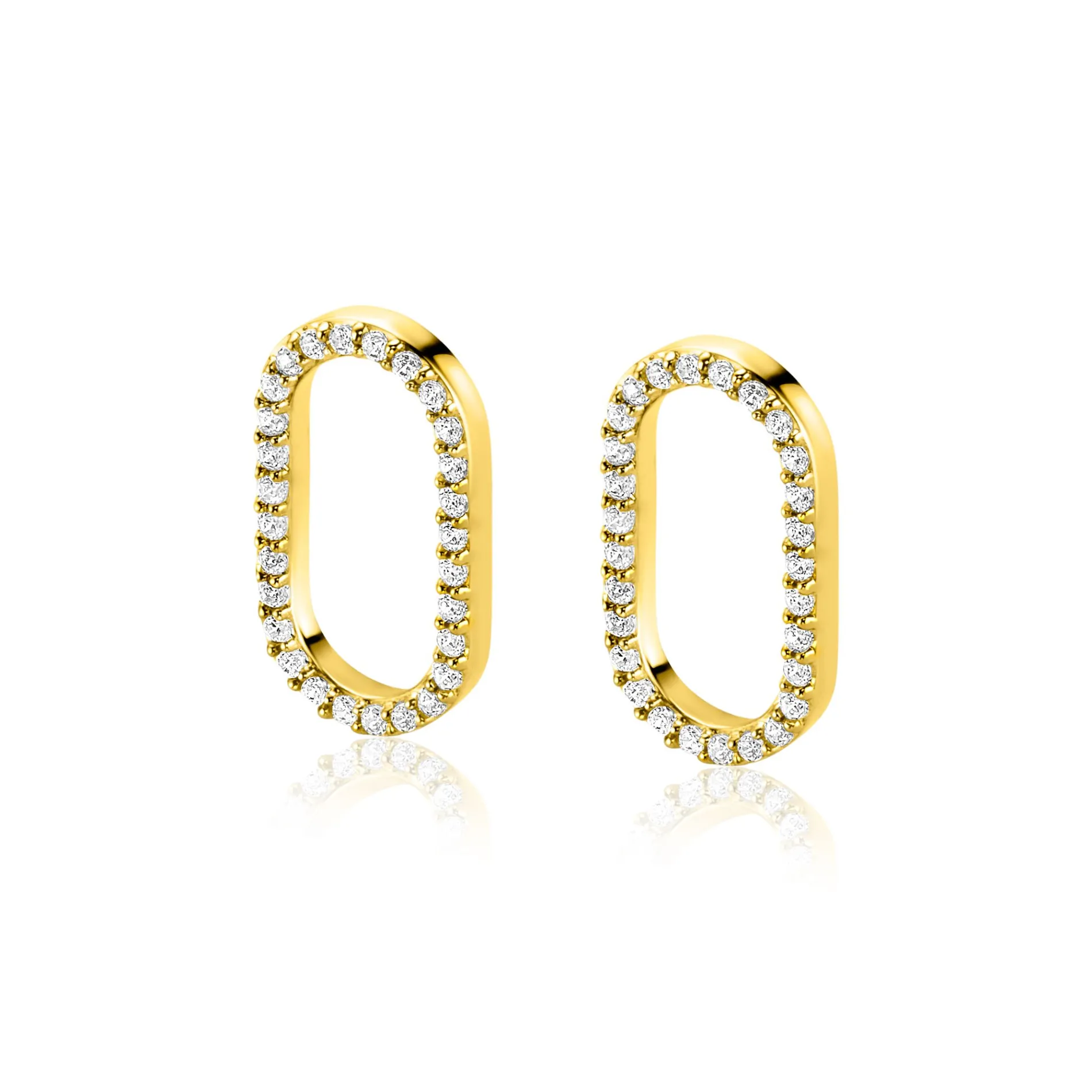 15mm ZINZI gold plated zilveren oorbedels ovale vorm witte zirconia's ZICH2444 (zonder oorringen)