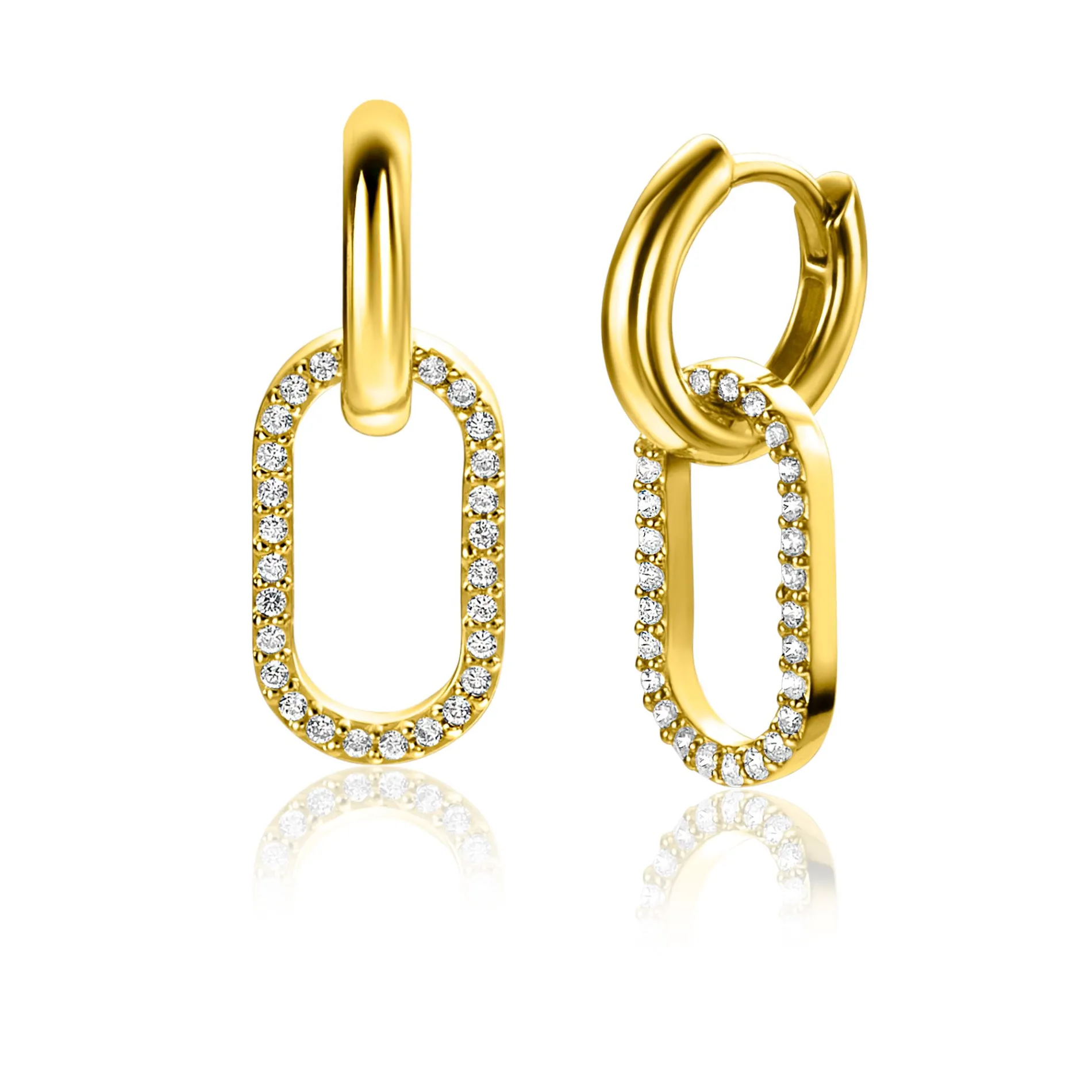 15mm ZINZI gold plated zilveren oorbedels ovale vorm witte zirconia's ZICH2444 (zonder oorringen)