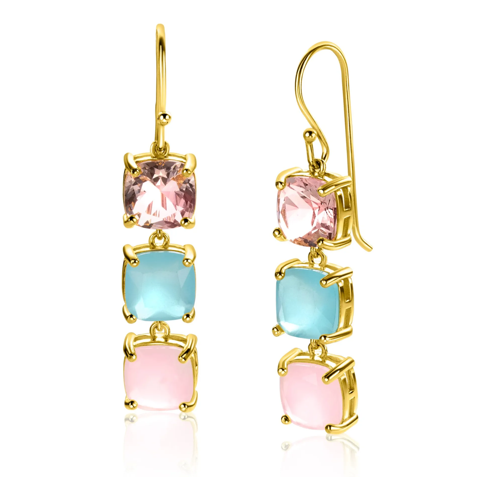 43mm ZINZI gold plated zilveren oorhangers met drie trendy vierkante kleurstenen in roze en turquoise ZIO2454