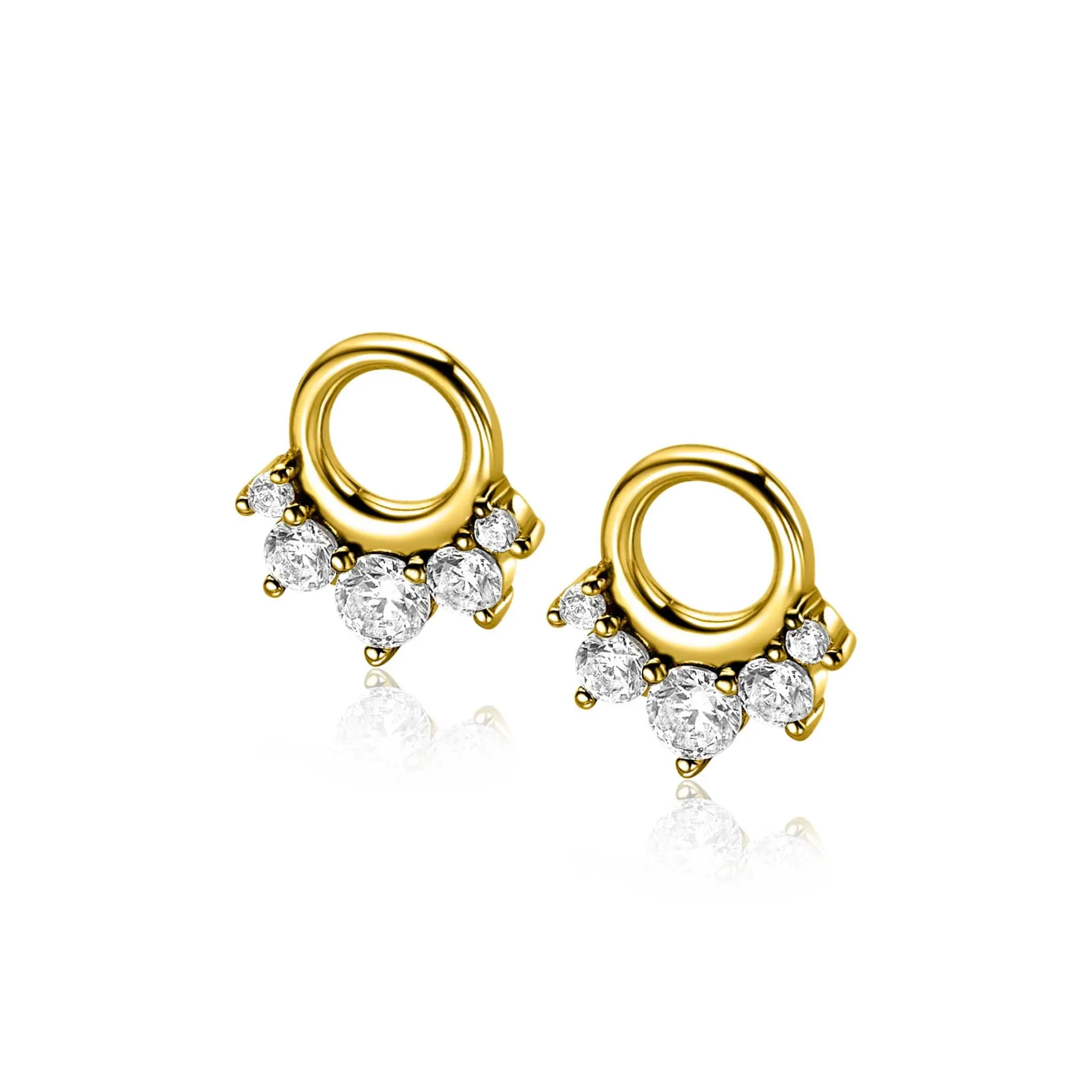 9mm ZINZI gold plated zilveren oorbedels met vijf ronde zettingen in aflopende grootte, bezet met witte zirconia's ZICH2632Y (zonder oorringen)