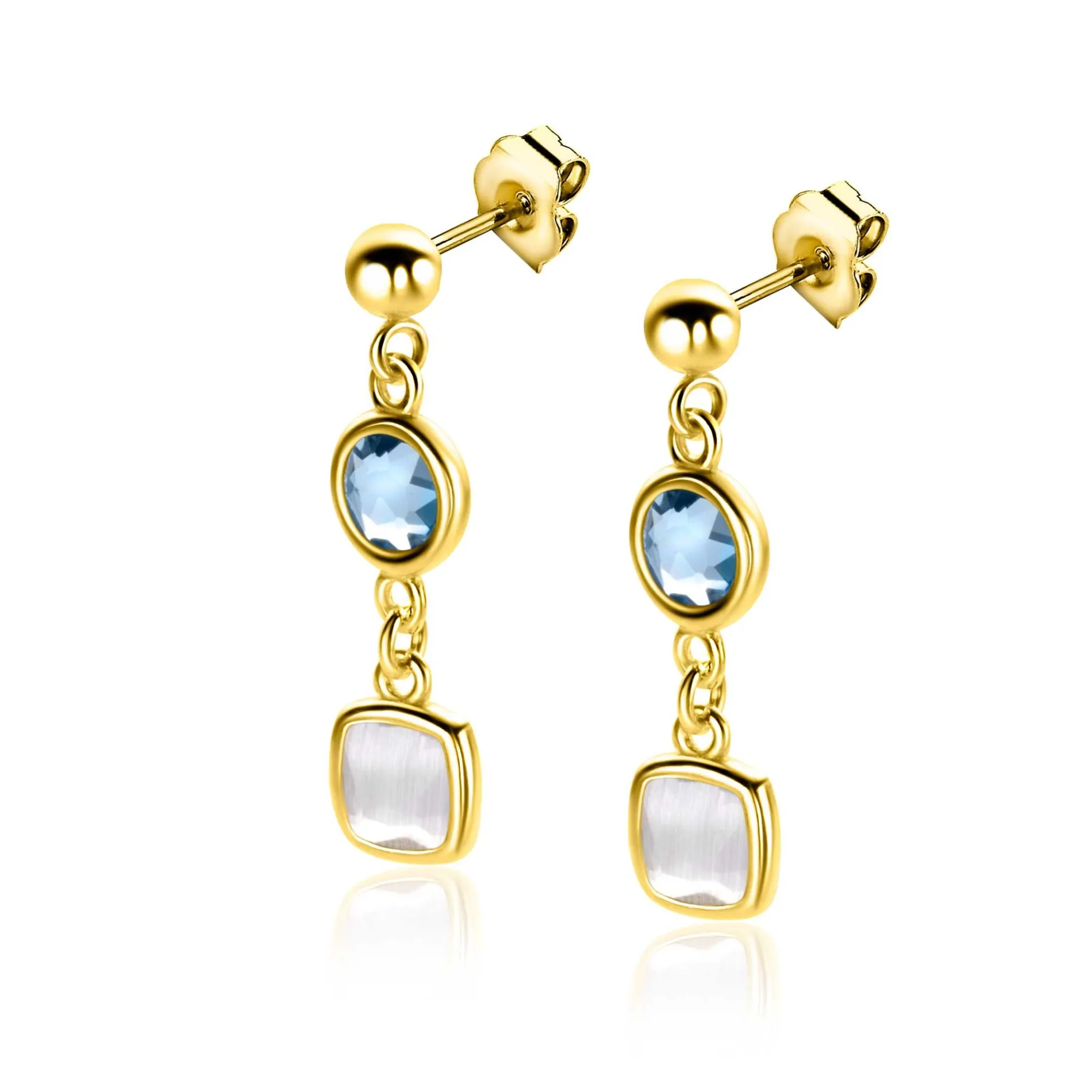 28mm ZINZI gold plated zilveren oorstekers rond vierkant jeansblauw en witgrijs ZIO2526G