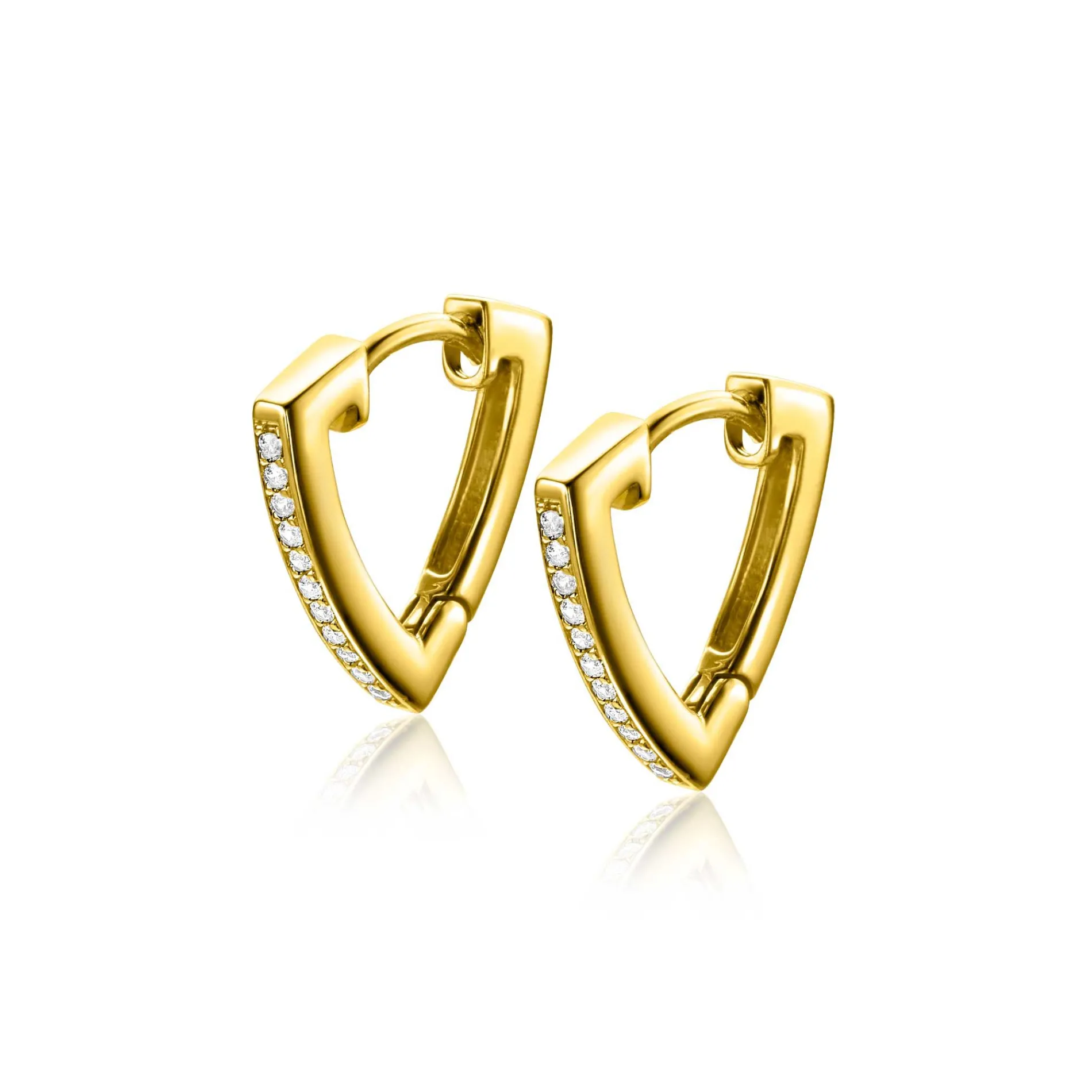 14mm ZINZI gold plated zilveren oorringen driehoeksvorm bezet met witte zirconia's ZIO2607
