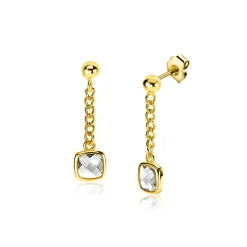 25mm ZINZI gold plated zilveren oorstekers met gourmet kettinkje en vierkante zetting bezet met witte zirconia ZIO2417Y