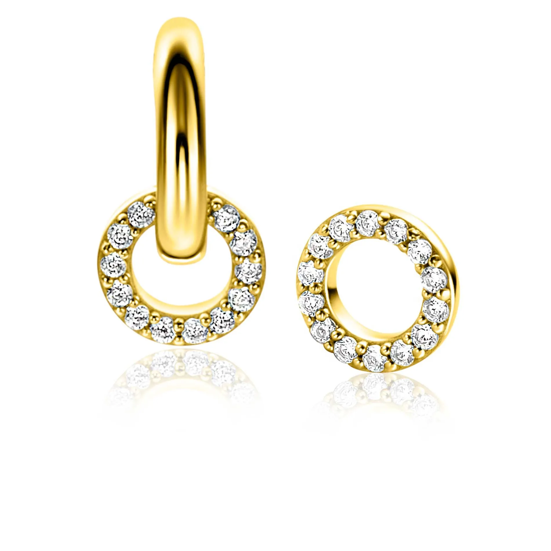 7,5mm ZINZI gold plated zilveren oorbedels in ronde vorm bezet met witte zirconia's ZICH2550Y (zonder oorringen)