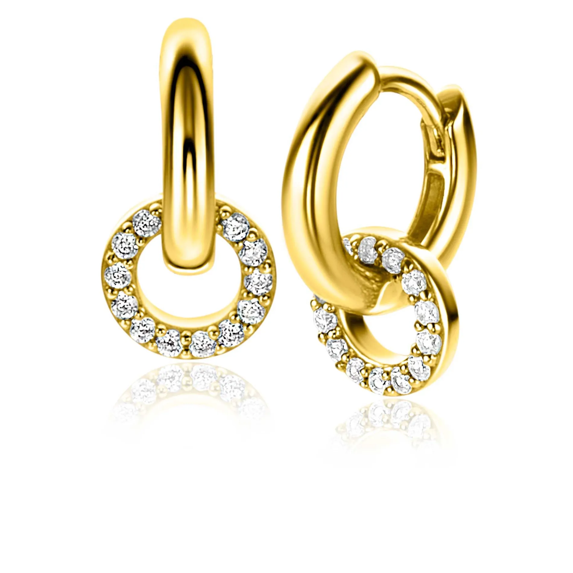 7,5mm ZINZI gold plated zilveren oorbedels in ronde vorm bezet met witte zirconia's ZICH2550Y (zonder oorringen)
