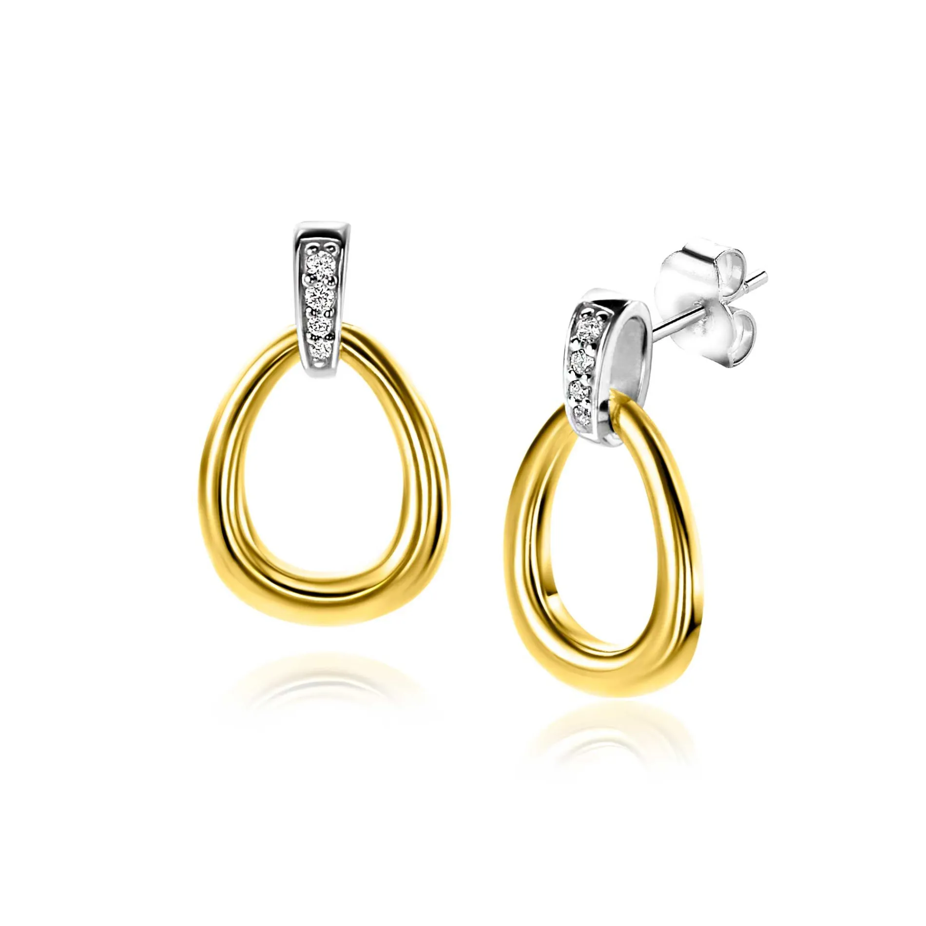 19mm ZINZI gold plated zilveren bicolor oorstekers druppelvorm glad met witte zirconia's ZIO1709Y