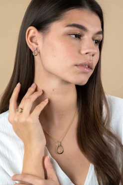 19mm ZINZI gold plated zilveren bicolor oorstekers druppelvorm glad met witte zirconia's ZIO1709Y