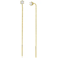 80mm ZINZI gold plated zilveren doortrek oorbellen met chatonzetting 5mm witte zirconia en sierlijk kettinkje ZIO2576Y
