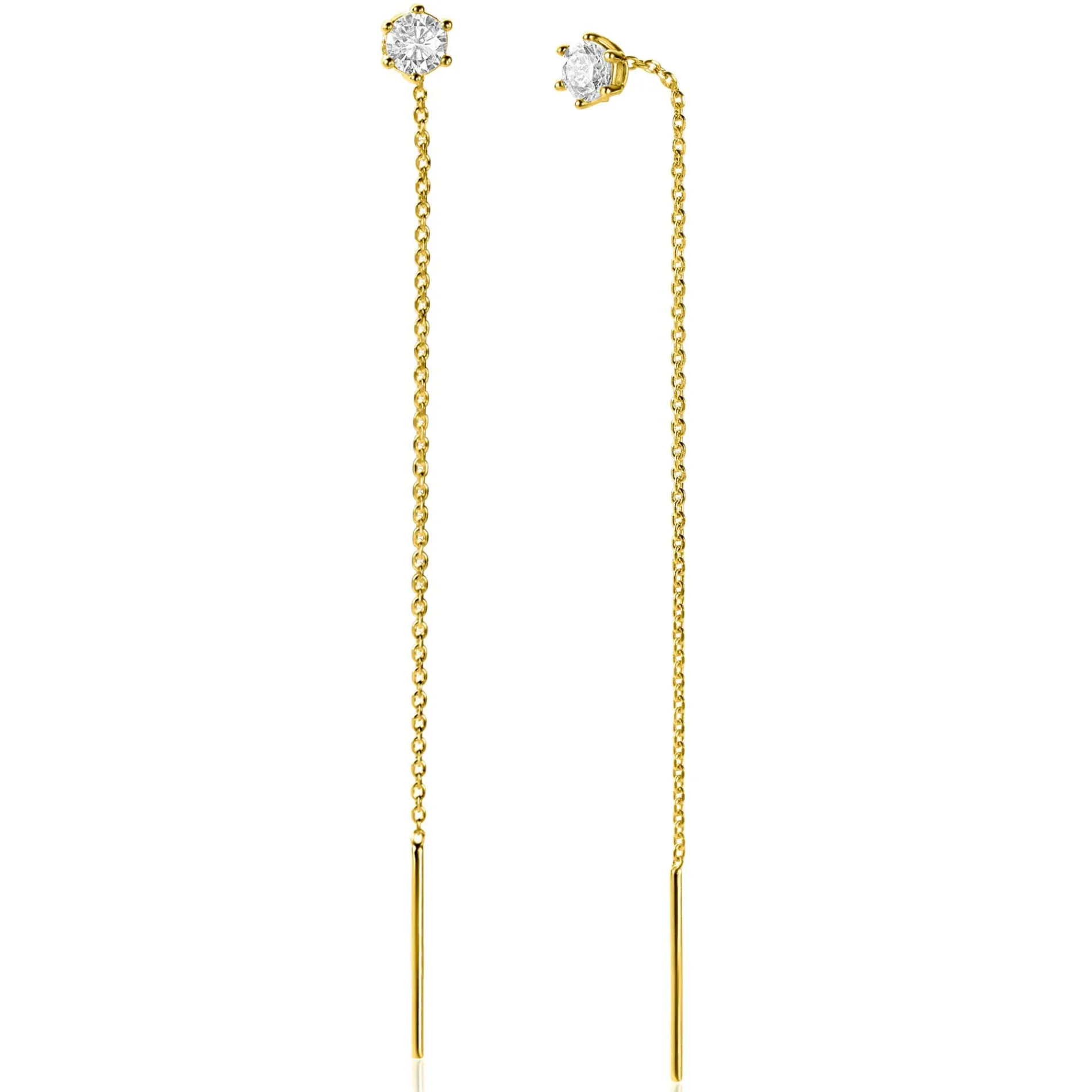 80mm ZINZI gold plated zilveren doortrek oorbellen met chatonzetting 5mm witte zirconia en sierlijk kettinkje ZIO2576Y