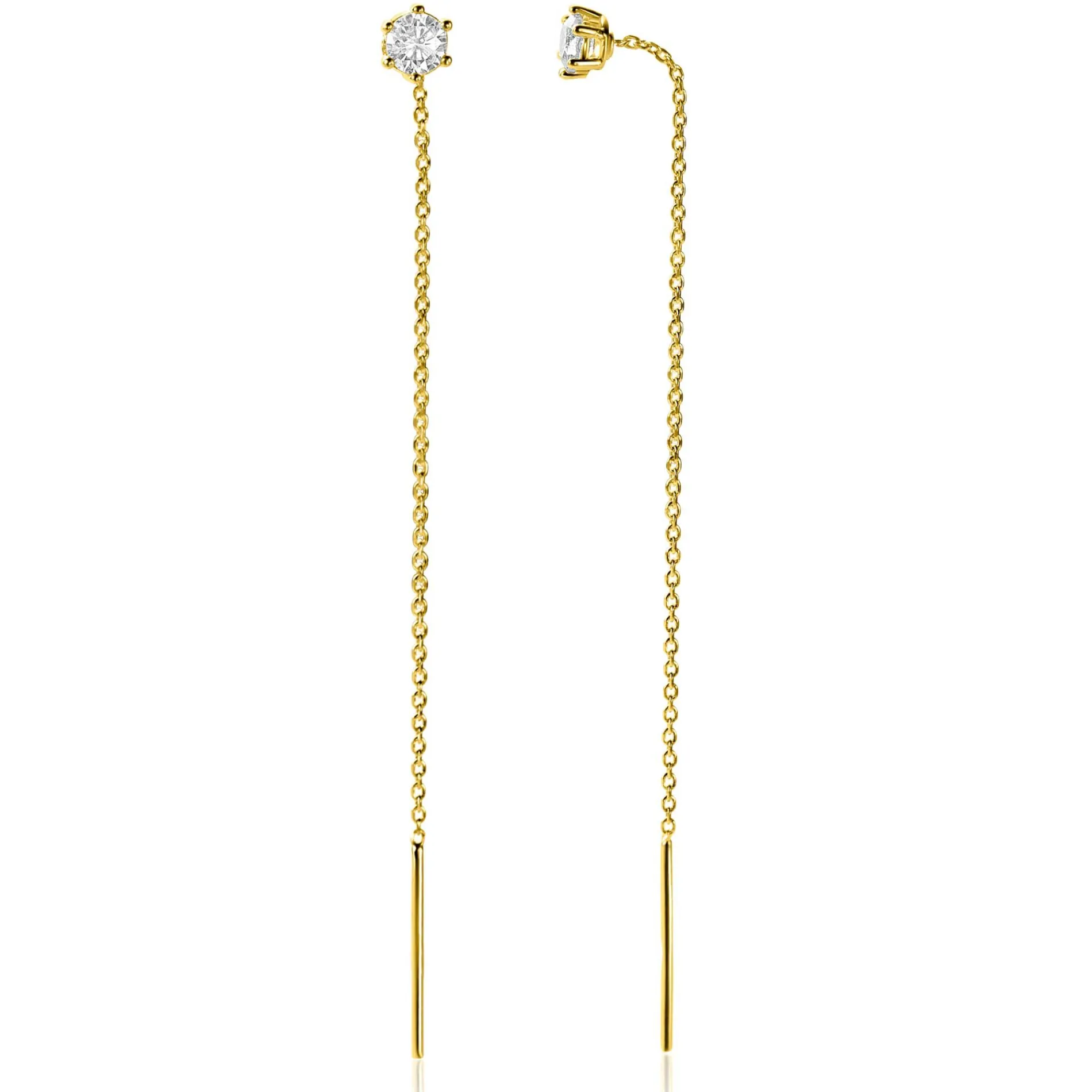 80mm ZINZI gold plated zilveren doortrek oorbellen met chatonzetting 5mm witte zirconia en sierlijk kettinkje ZIO2576Y