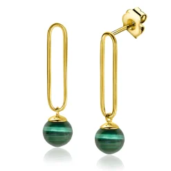 35mm ZINZI gold plated zilveren oorstekers met lange paperclip schakel en groene cateyes in bolvorm ZIO2420