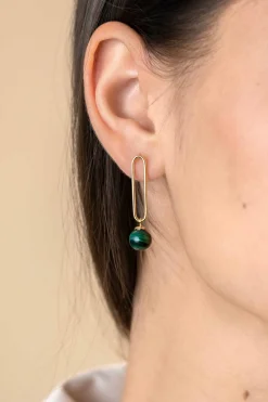 35mm ZINZI gold plated zilveren oorstekers met lange paperclip schakel en groene cateyes in bolvorm ZIO2420