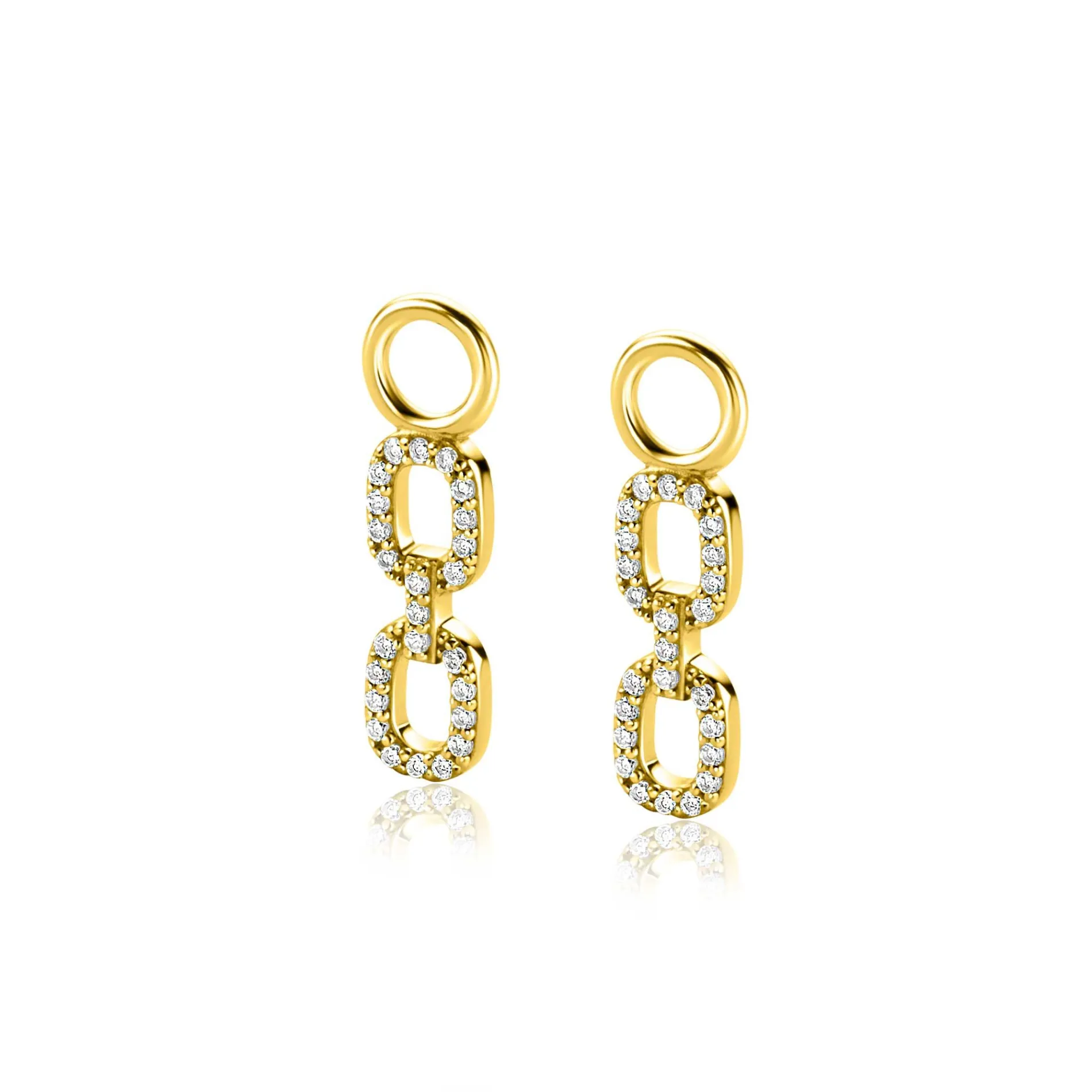 19mm ZINZI gold plated zilveren oorbedels met trendy ovale schakels, schitterend bezet met witte zirconia's ZICH2552Y (zonder oorringen)