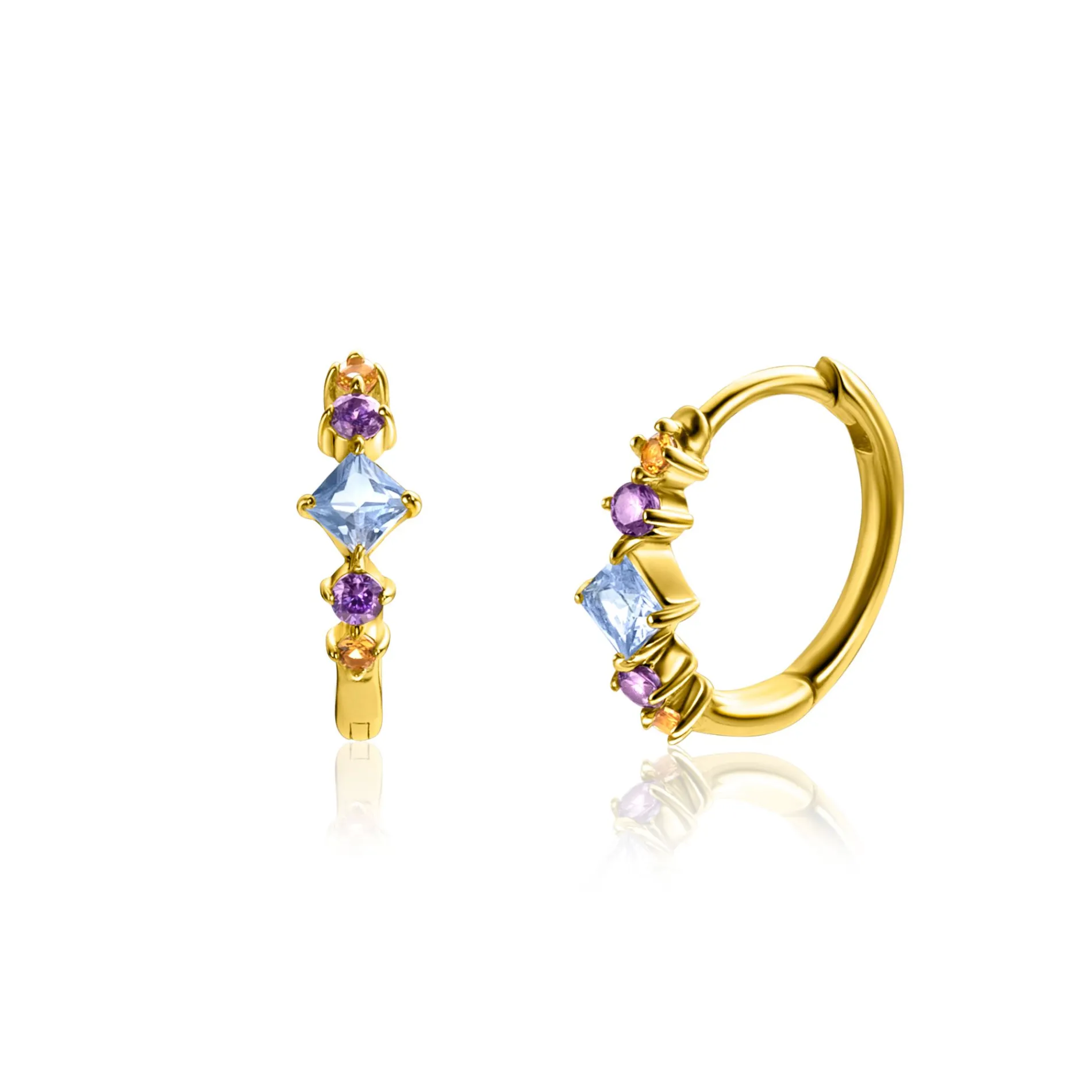 15mm ZINZI gold plated zilveren oorringen met blauw, paars en champagne kleurstenen in ruitvorm, met luxe klap-sluiting 15x2mm ZIO2443