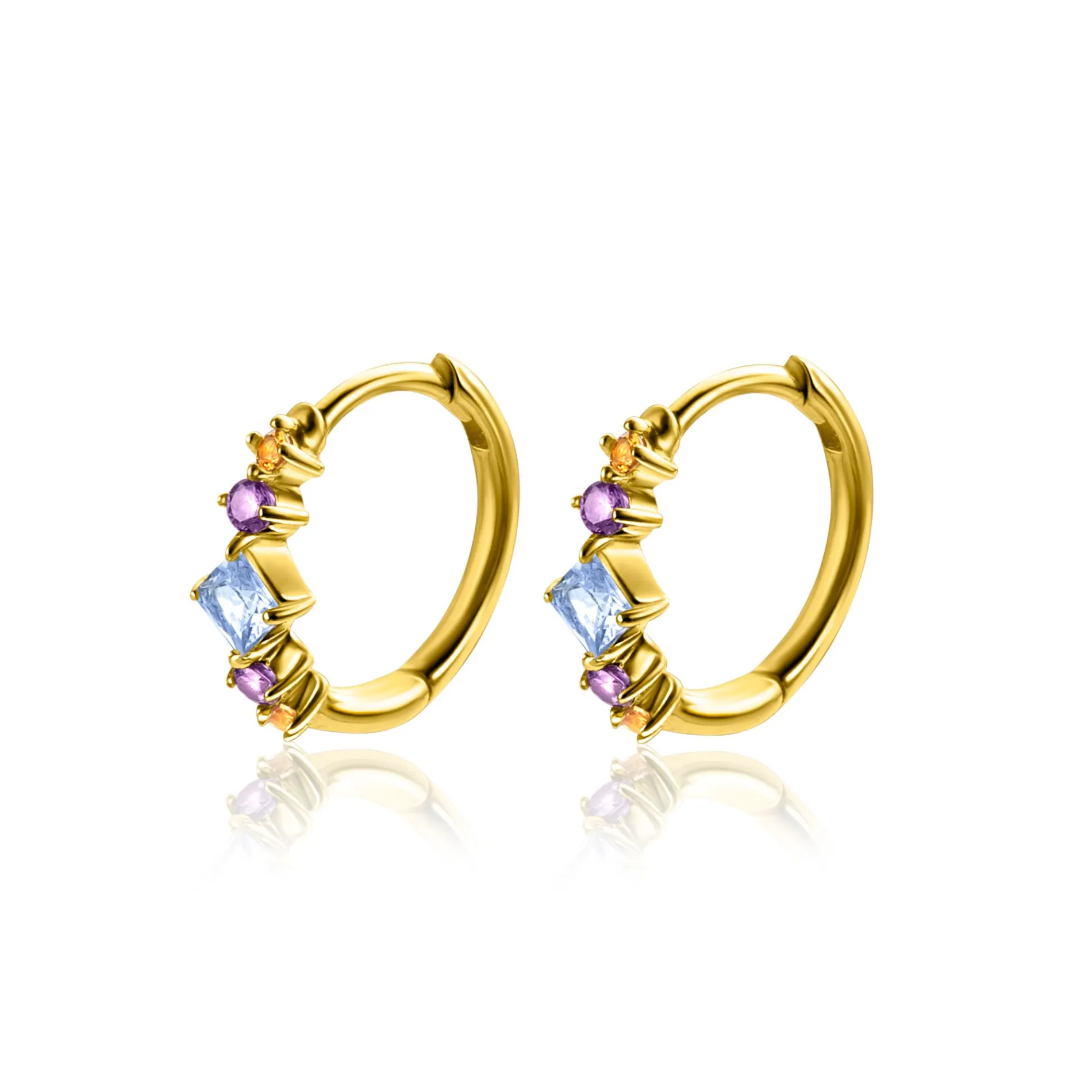 15mm ZINZI gold plated zilveren oorringen met blauw, paars en champagne kleurstenen in ruitvorm, met luxe klap-sluiting 15x2mm ZIO2443
