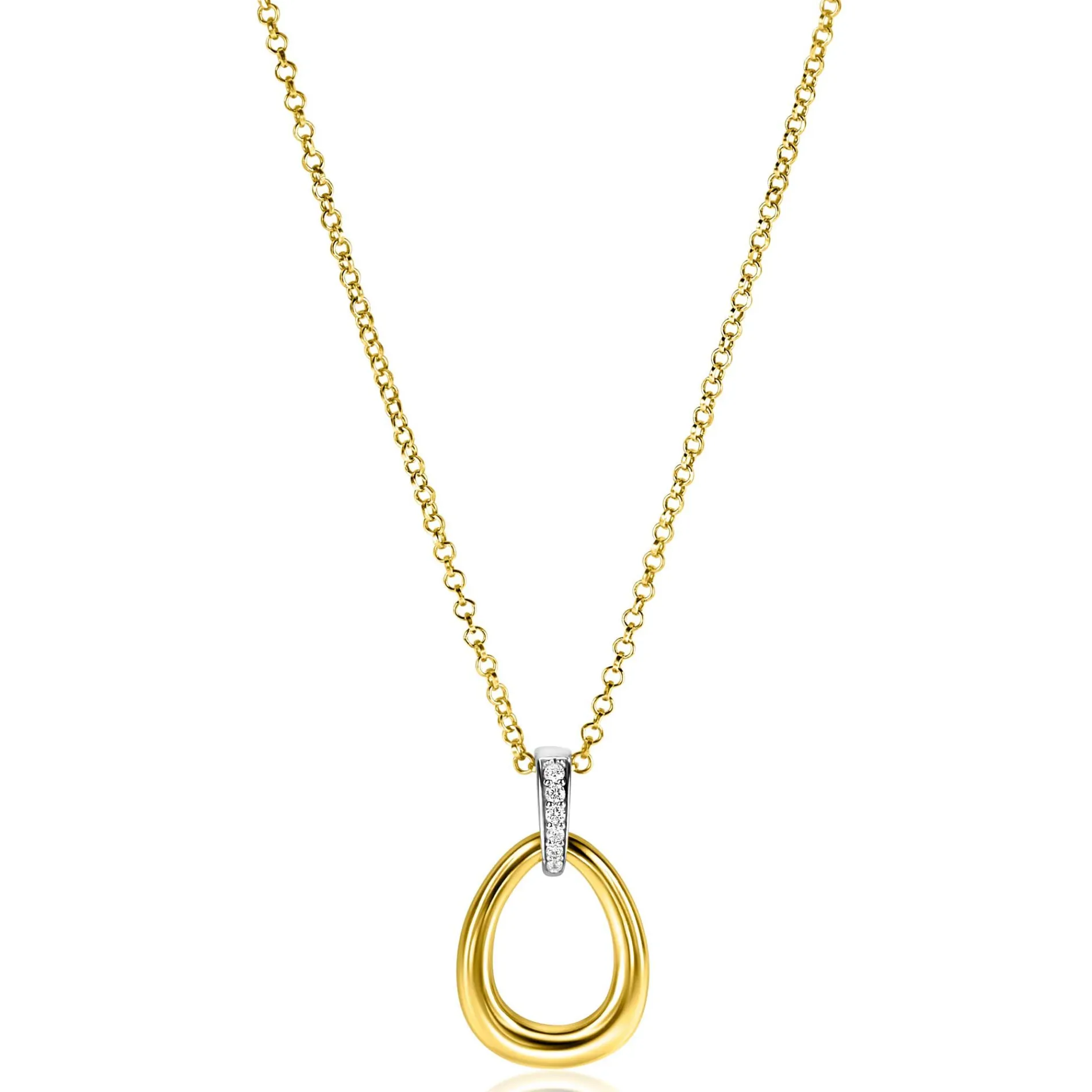 26mm ZINZI gold plated zilveren bicolor hanger druppelvorm glad met witte zirconia's ZIH1709Y (zonder collier)