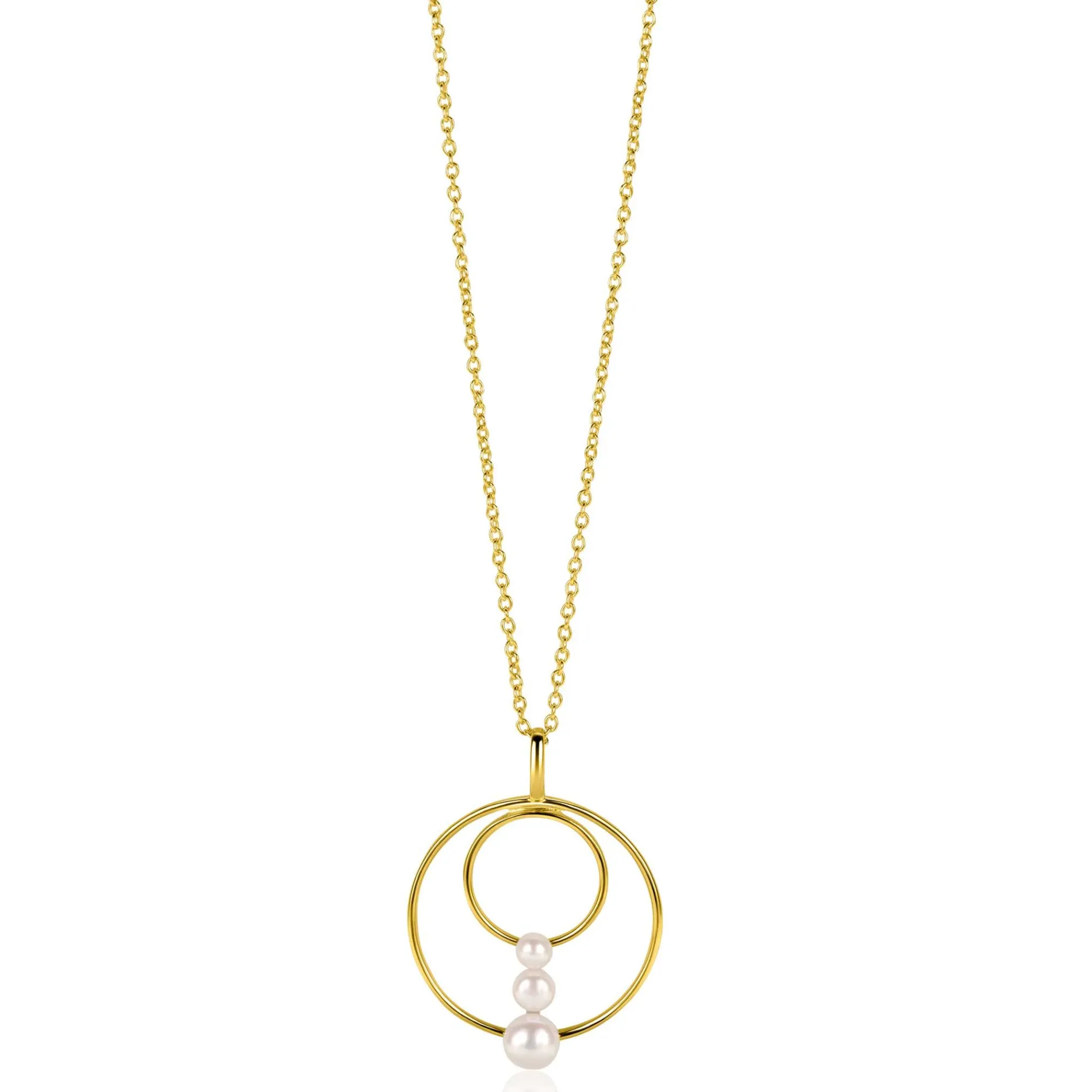 34mm ZINZI gold plated zilveren ronde fantasie hanger bezet met drie ronde witte zoetwaterparels ZIH2616 (zonder collier)