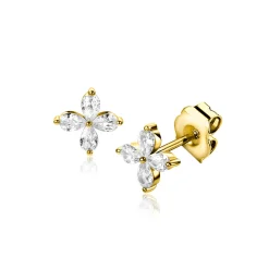 7,5mm ZINZI gold plated zilveren oorknoppen met bloem bezet met vier druppelvormige witte zirconia's ZIO2624