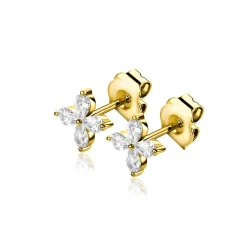 7,5mm ZINZI gold plated zilveren oorknoppen met bloem bezet met vier druppelvormige witte zirconia's ZIO2624