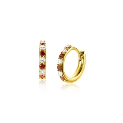 12mm ZINZI gold plated zilveren oorringen bezet met ronde witte zirconia's en rood granaat kleurstenen 2mm buisdikte met luxe klapsluiting ZIO2558