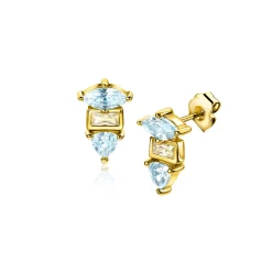 9,5mm ZINZI gold plated zilveren oorstekers met drie verschillende vormen van zettingen, bezet met champagne en blauwe kleurstenen ZIO2630BC