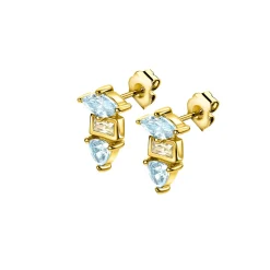 9,5mm ZINZI gold plated zilveren oorstekers met drie verschillende vormen van zettingen, bezet met champagne en blauwe kleurstenen ZIO2630BC