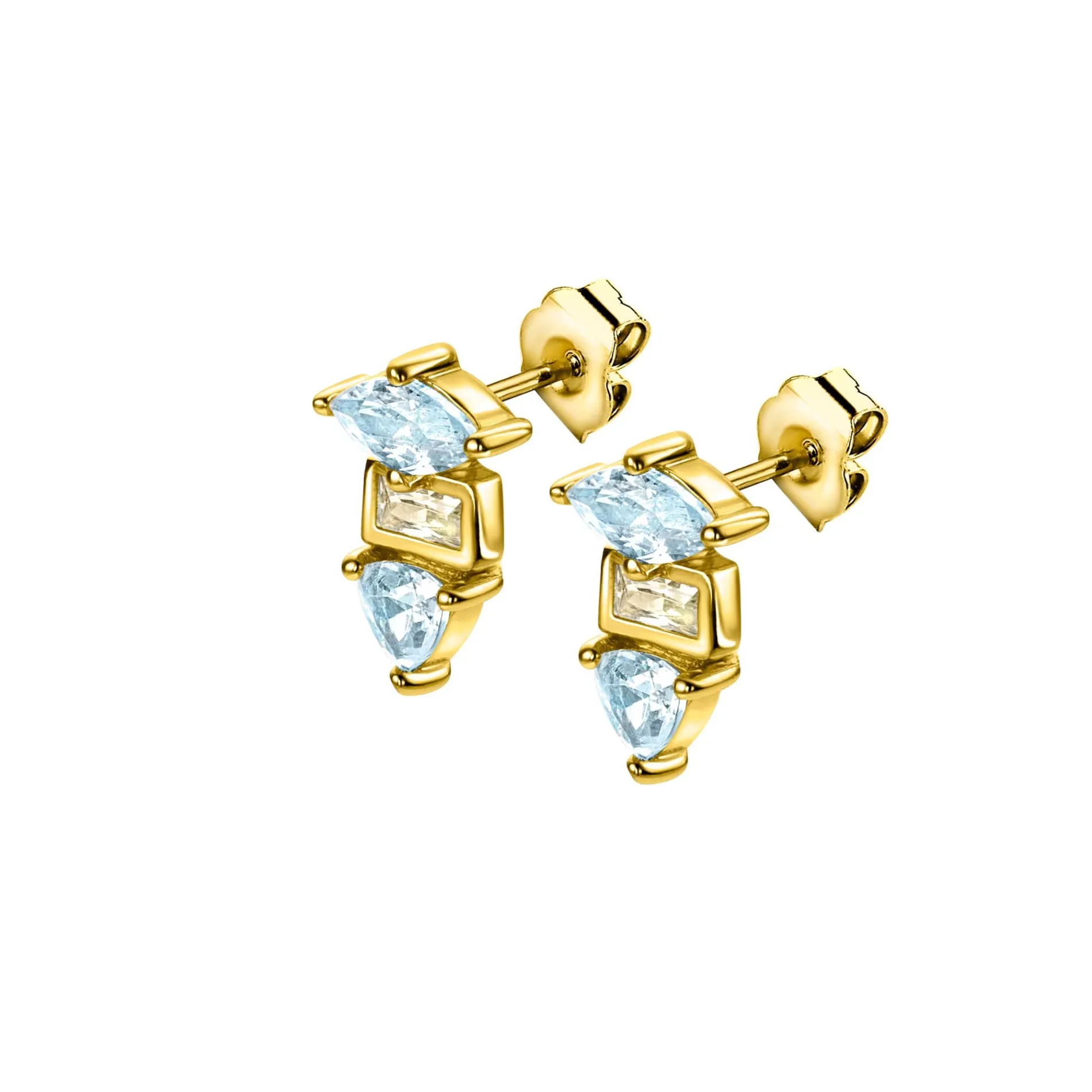 9,5mm ZINZI gold plated zilveren oorstekers met drie verschillende vormen van zettingen, bezet met champagne en blauwe kleurstenen ZIO2630BC