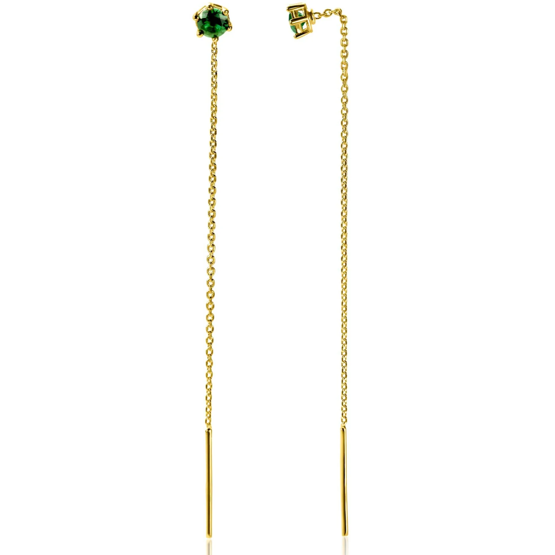 80mm ZINZI gold plated zilveren doortrek oorbellen met chatonzetting 5mm groene kleursteen en sierlijk kettinkje ZIO2576GG