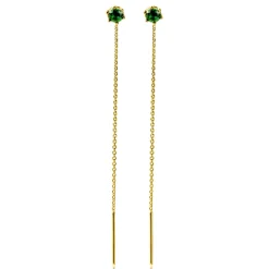 80mm ZINZI gold plated zilveren doortrek oorbellen met chatonzetting 5mm groene kleursteen en sierlijk kettinkje ZIO2576GG