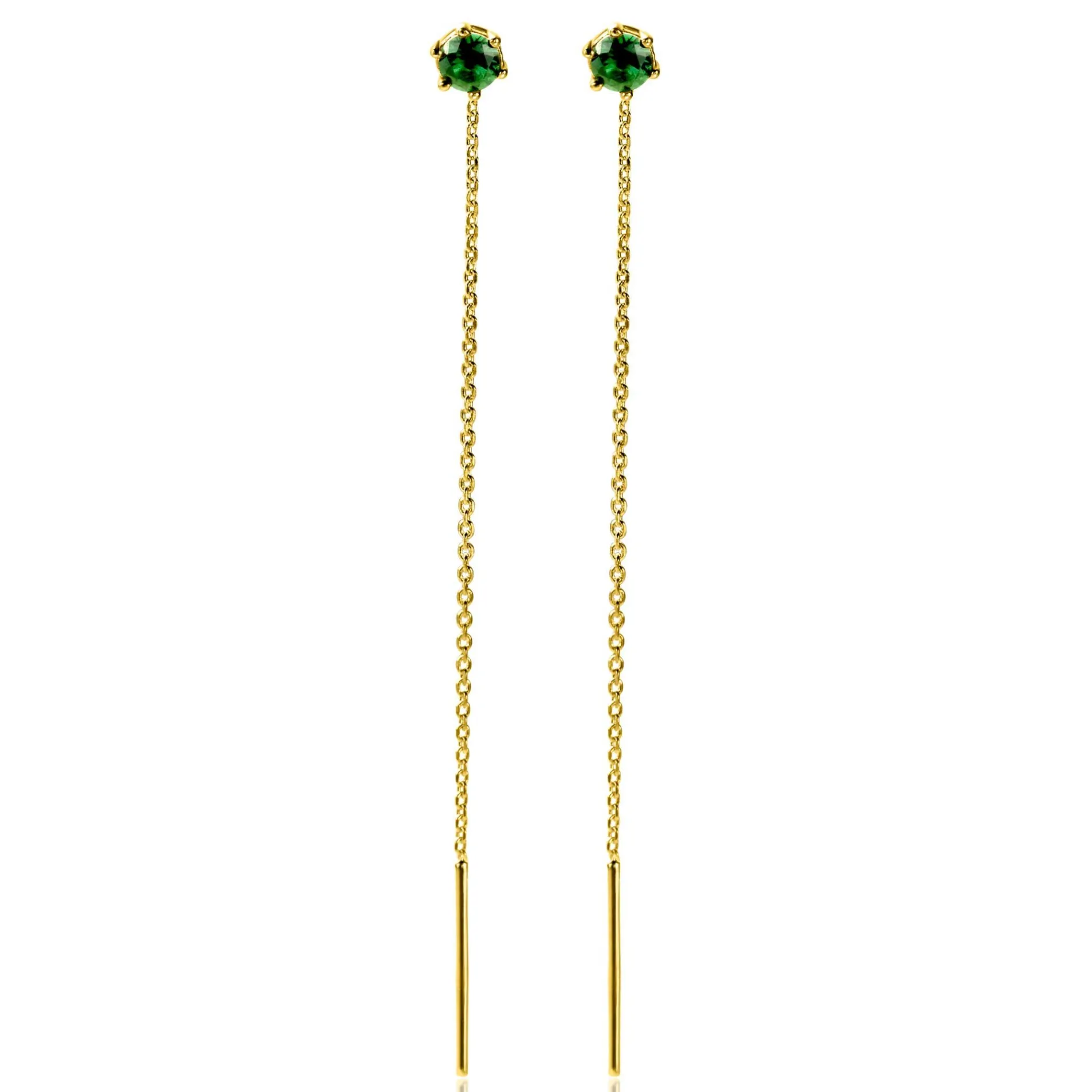 80mm ZINZI gold plated zilveren doortrek oorbellen met chatonzetting 5mm groene kleursteen en sierlijk kettinkje ZIO2576GG