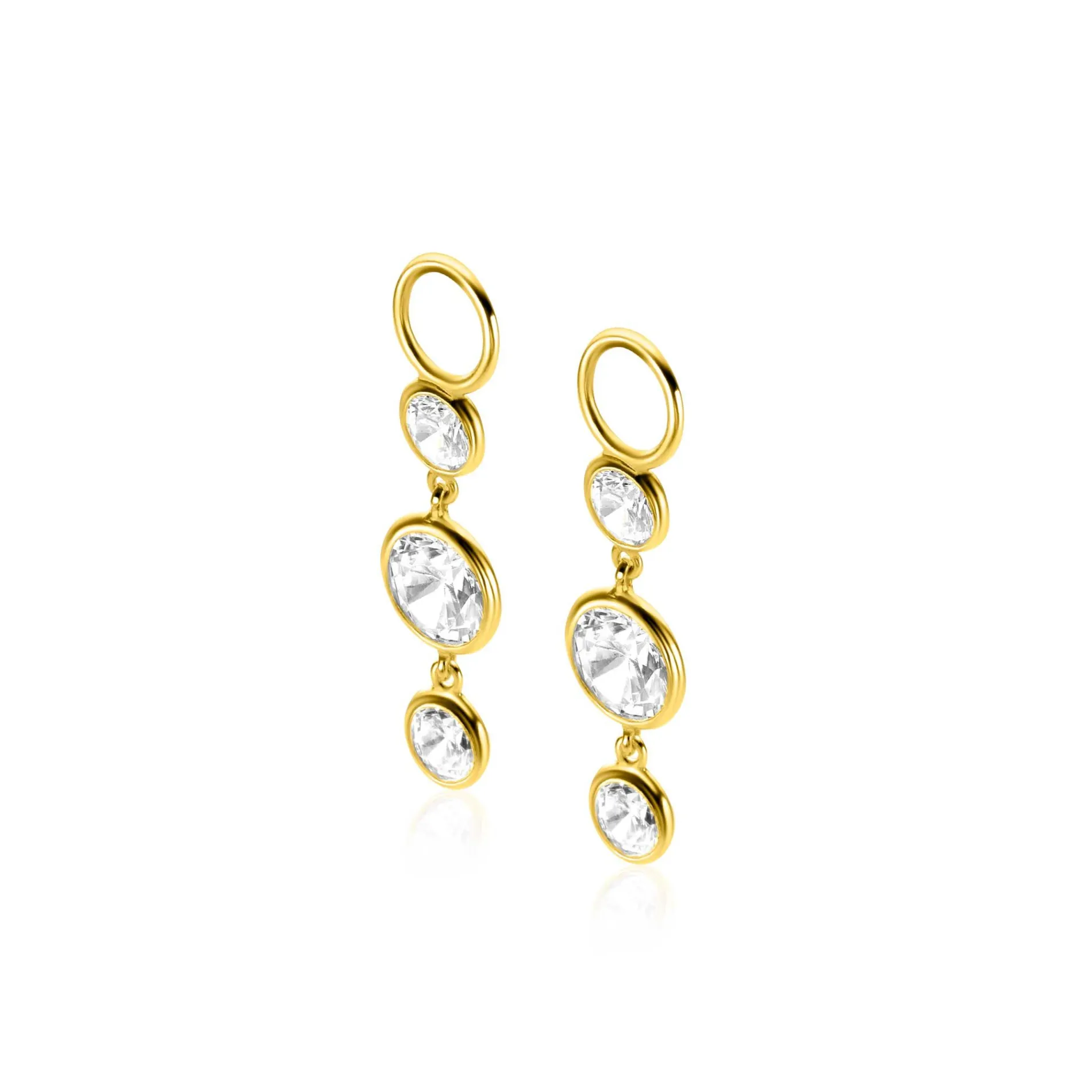 24mm ZINZI gold plated zilveren oorbedels met 3 bungelende witte ronde zirconia's ZICH2593Y (zonder oorringen)
