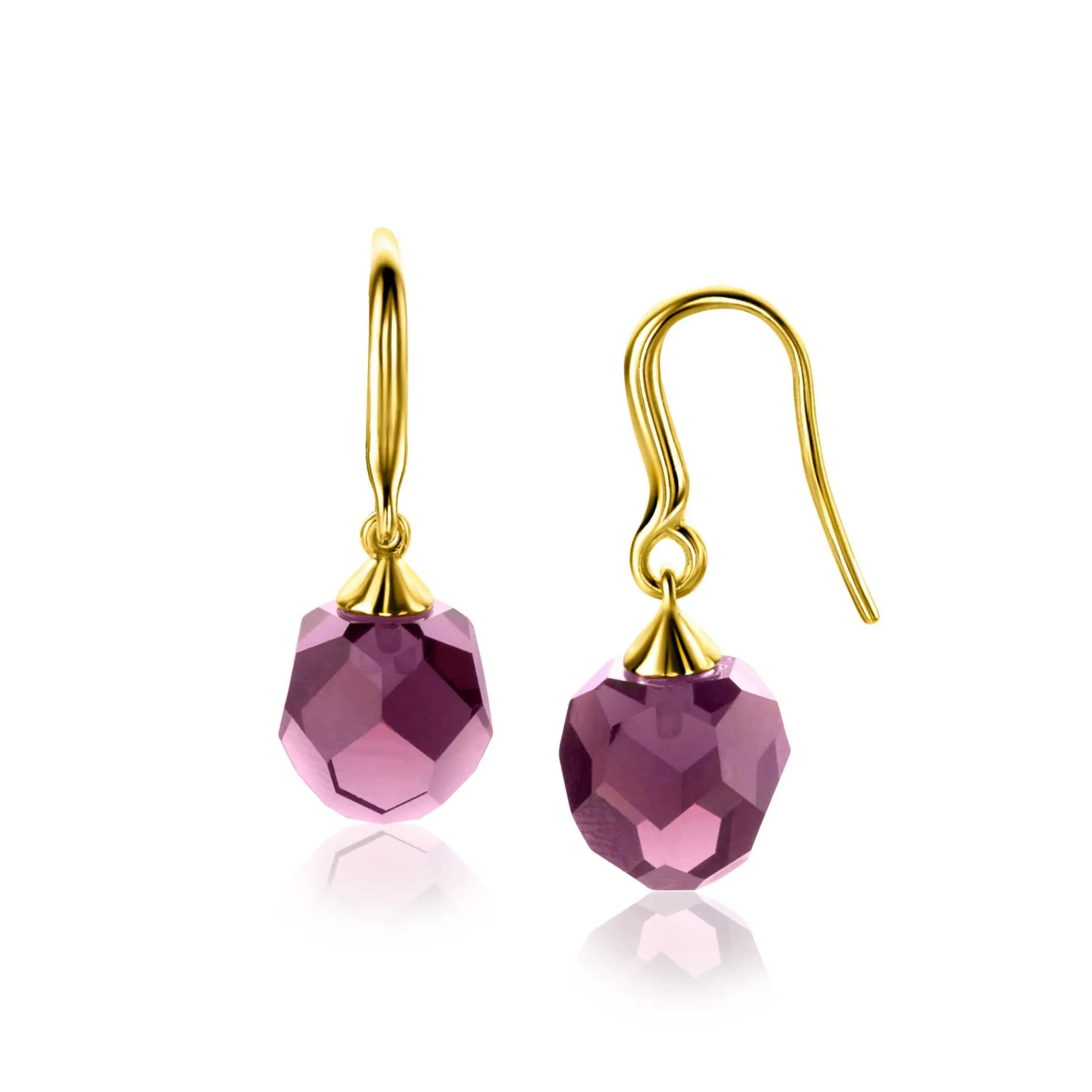 27mm ZINZI gold plated zilveren oorhangers met paarse bead 10mm ZIO266PG