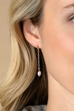 40mm ZINZI gold plated zilveren oorstekers met lang schakelkettinkje, inclusief witte zoetwaterparel ZIO2588