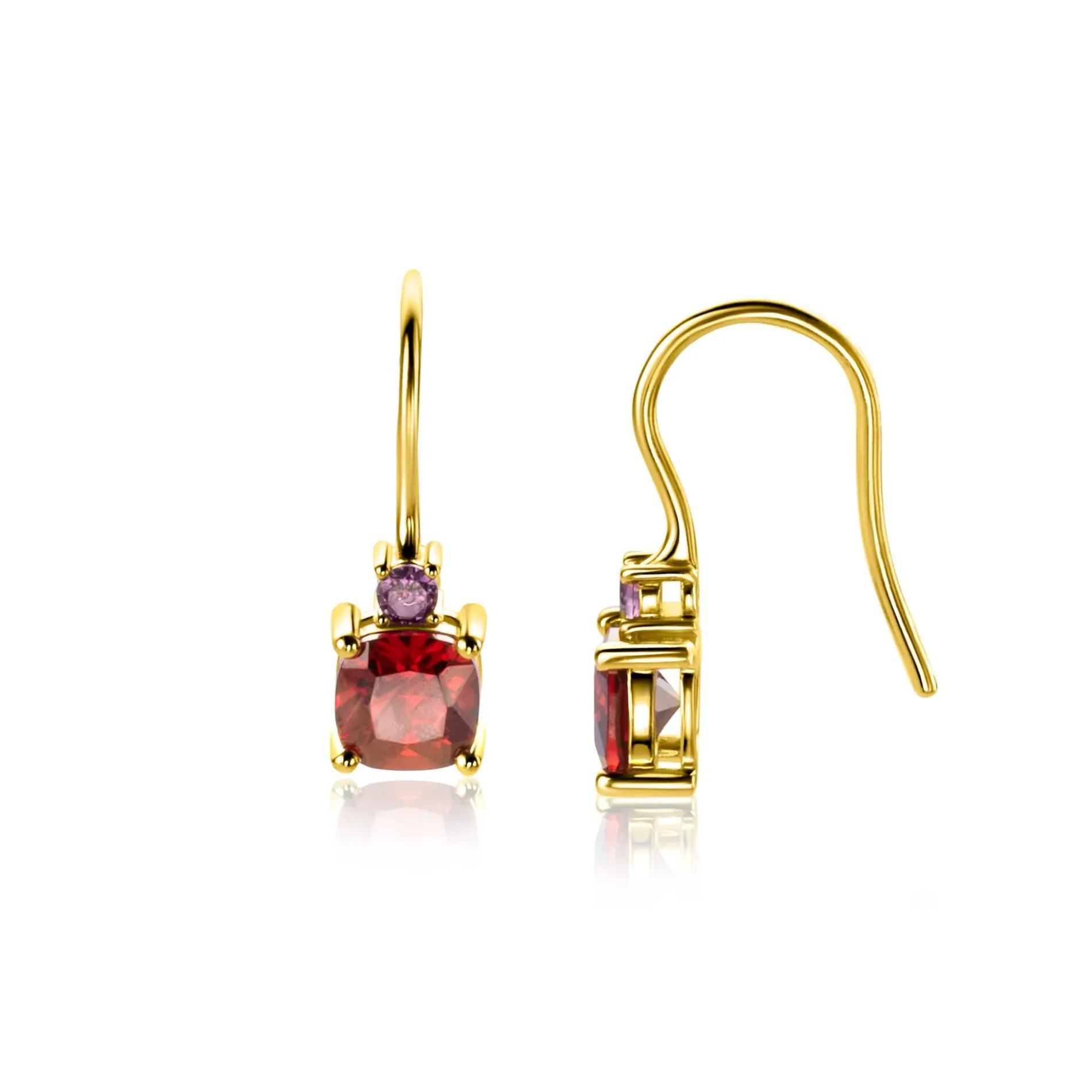 19mm ZINZI gold plated zilveren oorhangers met vierpootszettingen rood granaat en paarse kleurstenen ZIO2563H