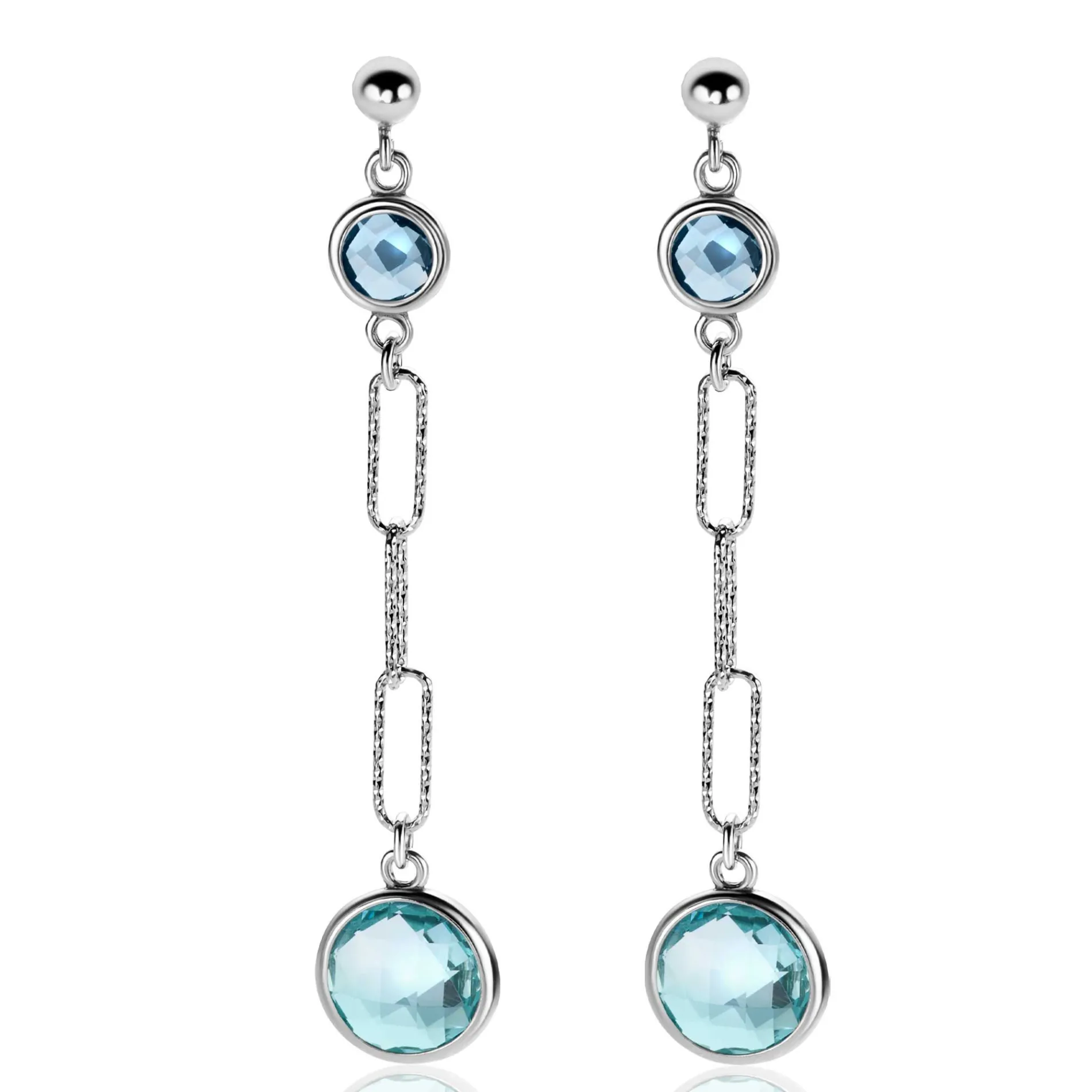 60mm ZINZI zilveren lange oorstekers 60mm met paperclip-schakels en bezet met licht blauwe en indigo blauwe kleurstenen ZIO2418