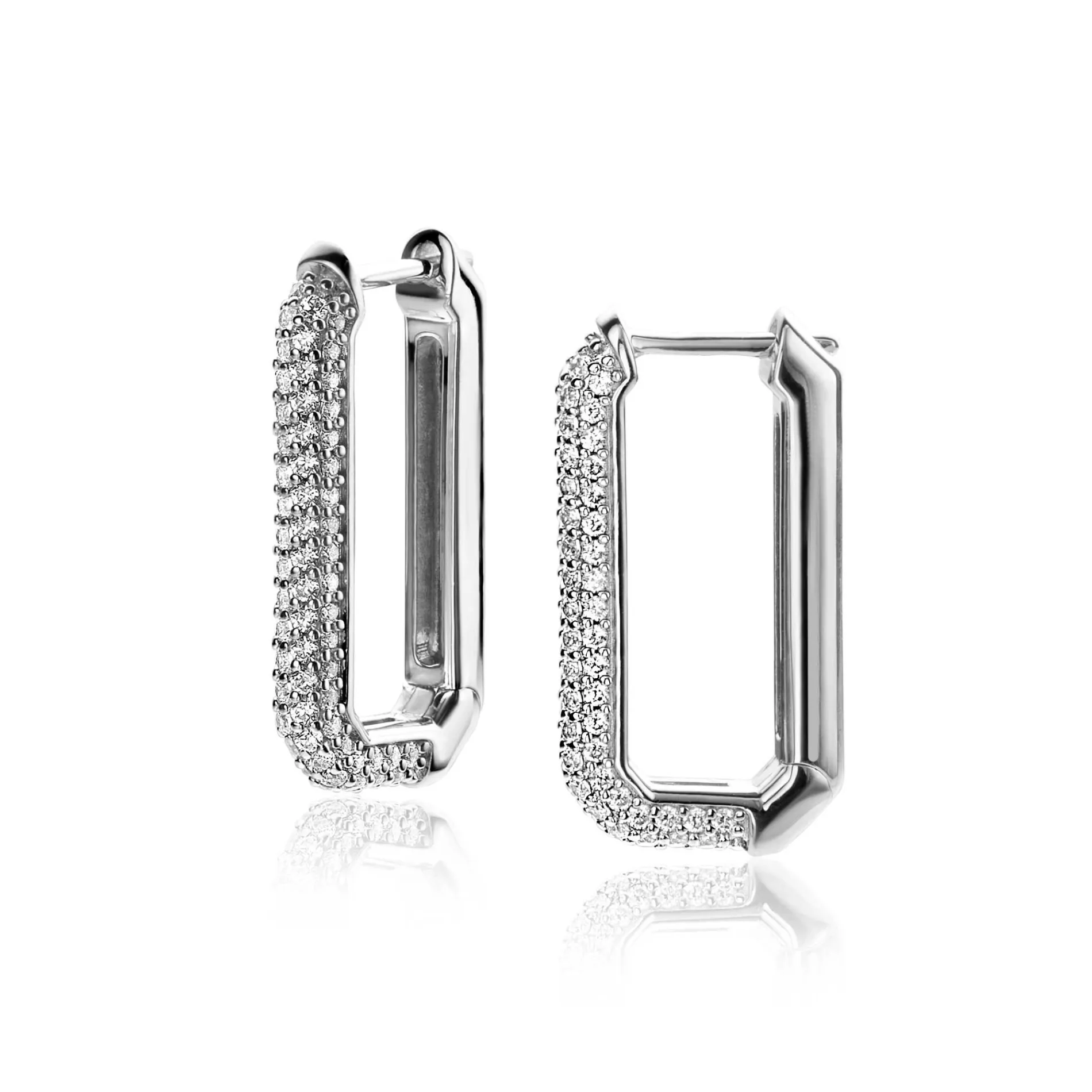 23mm ZINZI zilveren luxe oorringen 23x3mm achthoekig bezet met witte zirconia's en klapsluiting ZIO2494Z