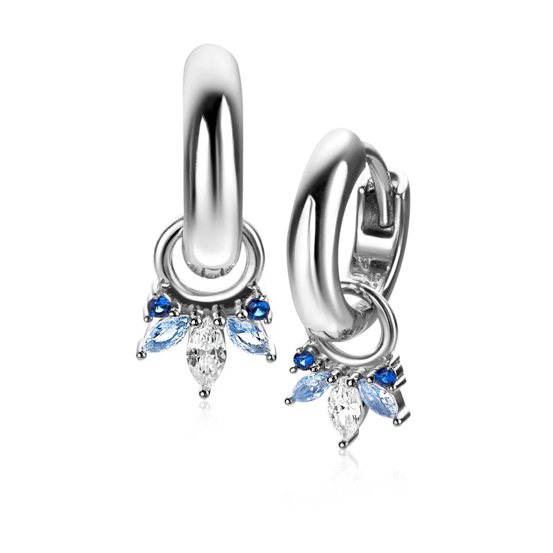 10mm ZINZI zilveren oorbedels met vijf speelse zettingen in aflopende grootte, bezet met blauwe kleurstenen en witte zirconia ZICH2633B (zonder oorringen)