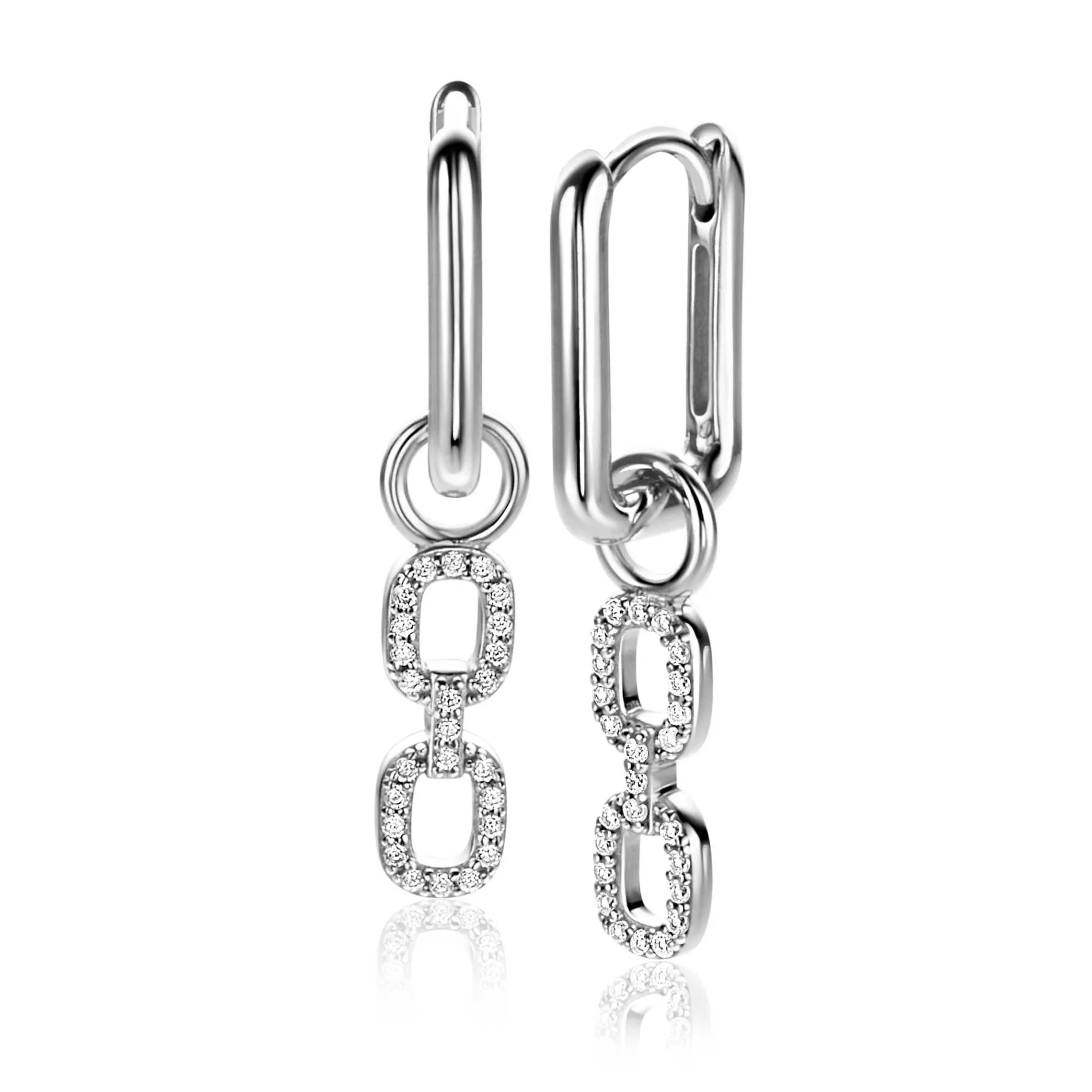 19mm ZINZI zilveren oorbedels met trendy ovale schakels, schitterend bezet met witte zirconia's ZICH2552 (zonder oorringen)
