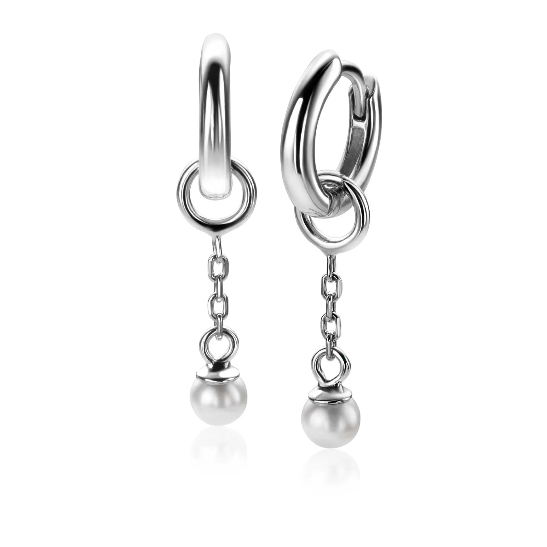 18mm ZINZI zilveren oorbedels met schakelkettinkje en ronde witte glasparel 4mm ZICH2623 (zonder oorringen)